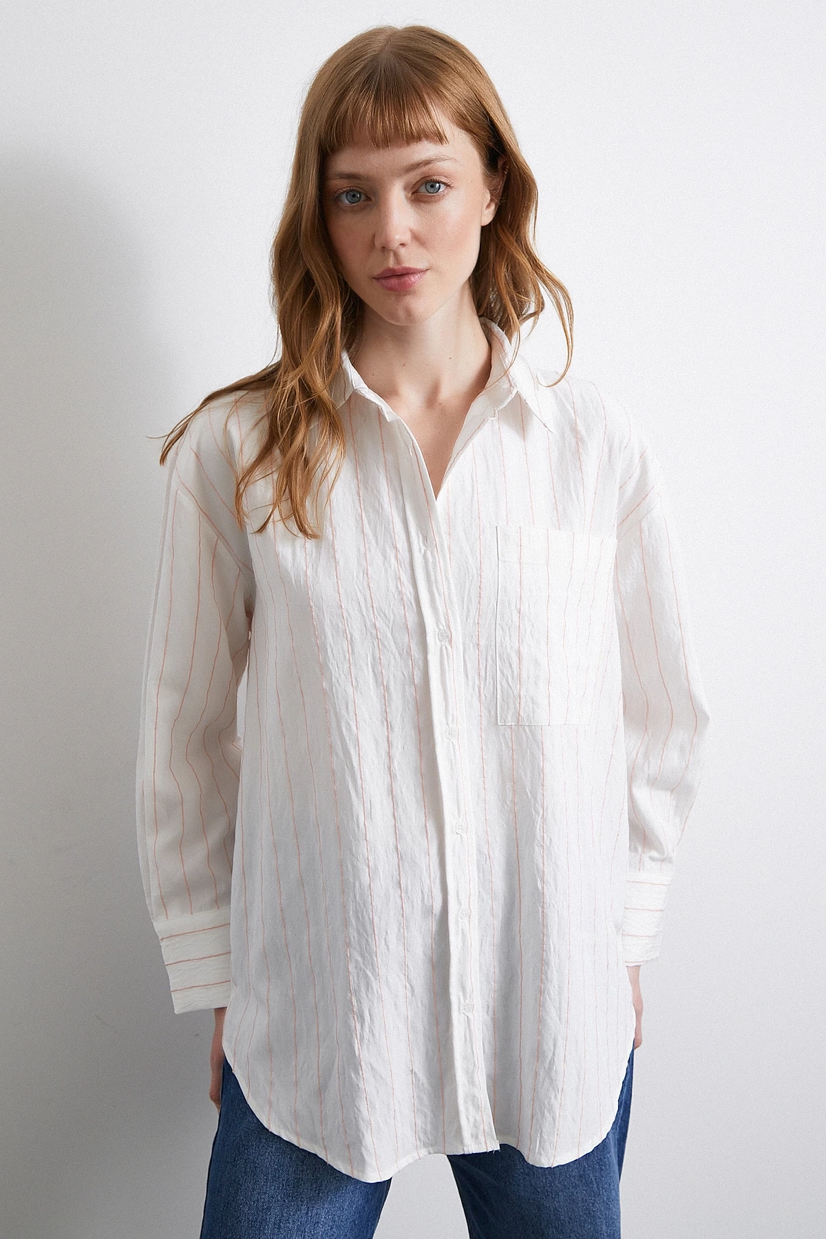 Çizgili Cepli Gömlek Pembe