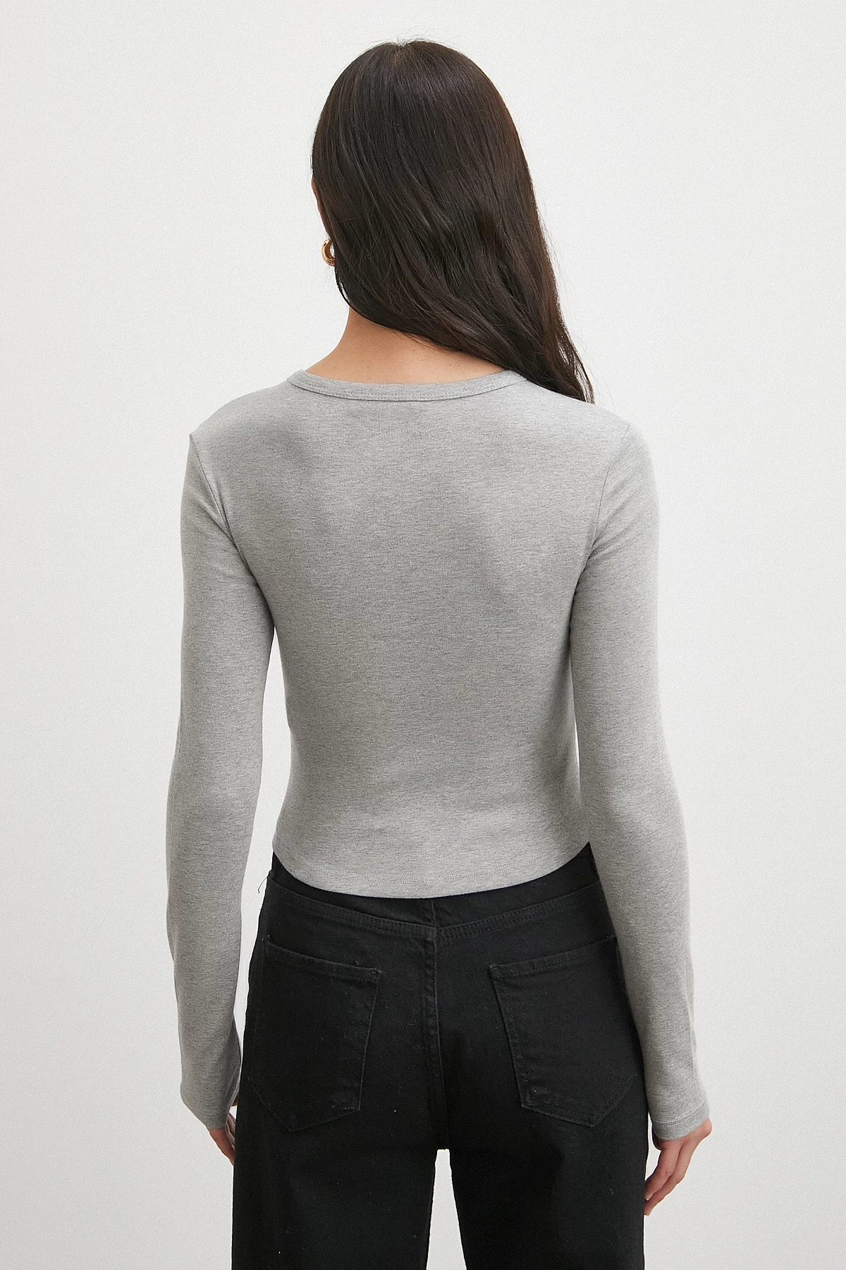 Düğmeli Uzun Kol Bluz Gri