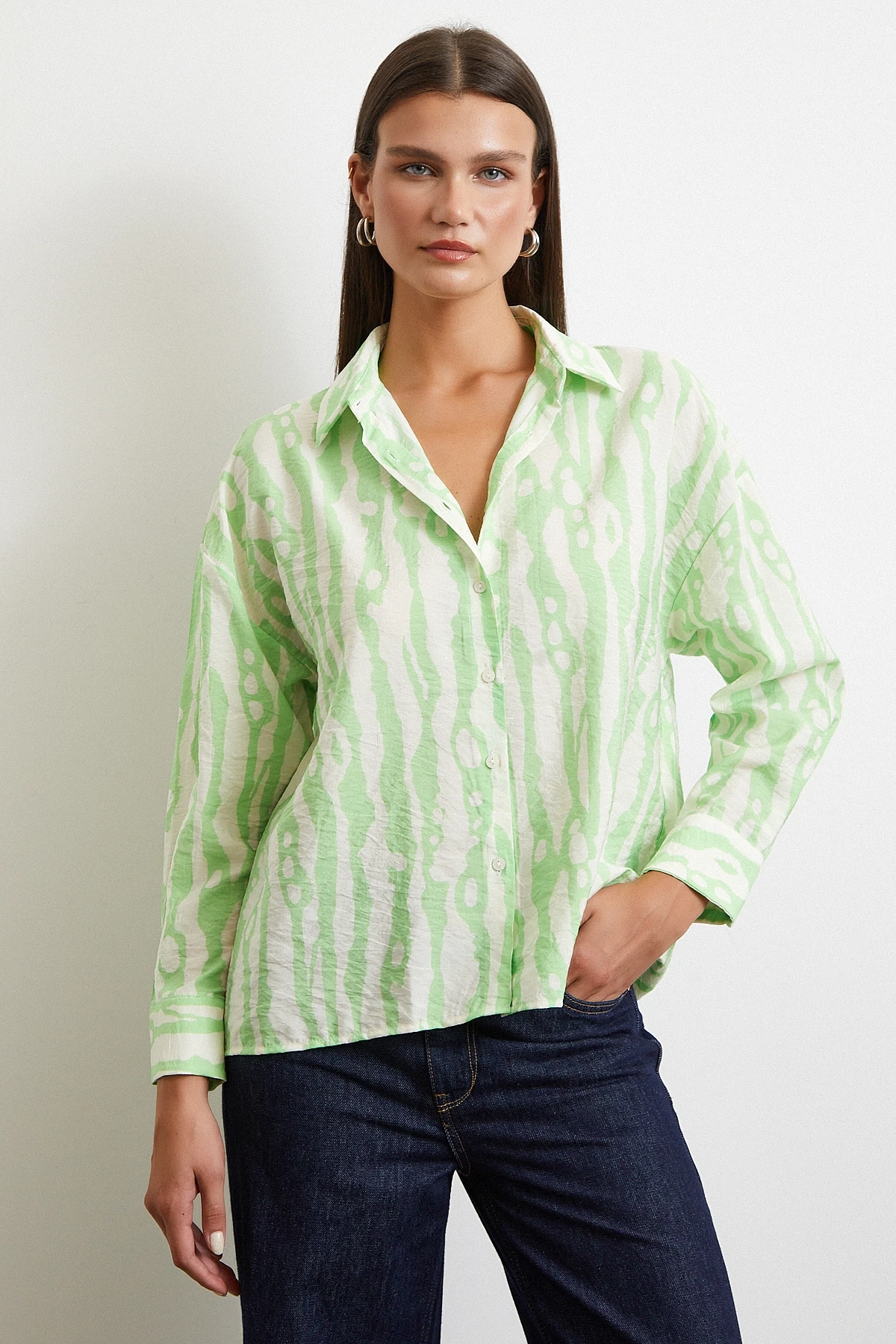 Zebra Desen Modal Gömlek Yeşil