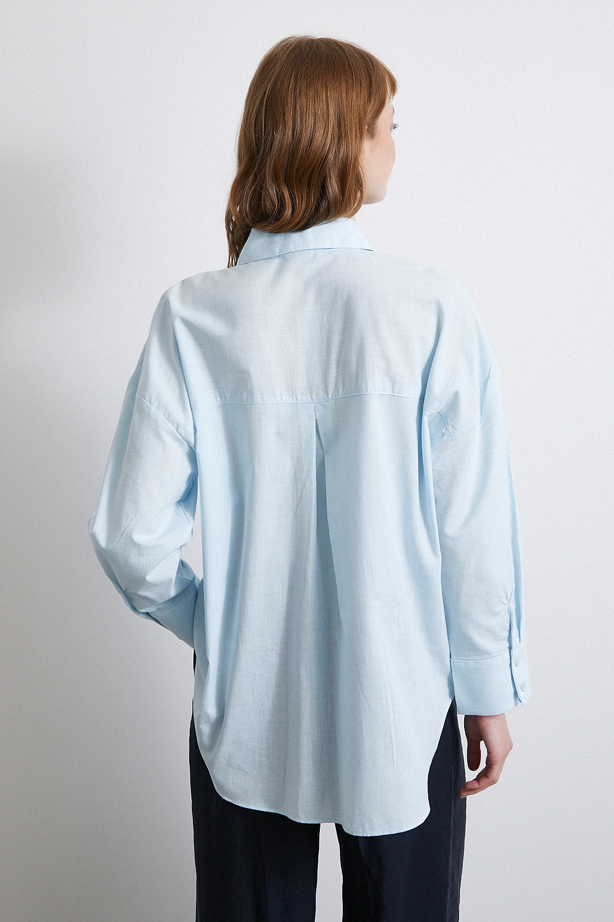 Keten Karışımlı Oversize Gömlek Mavi