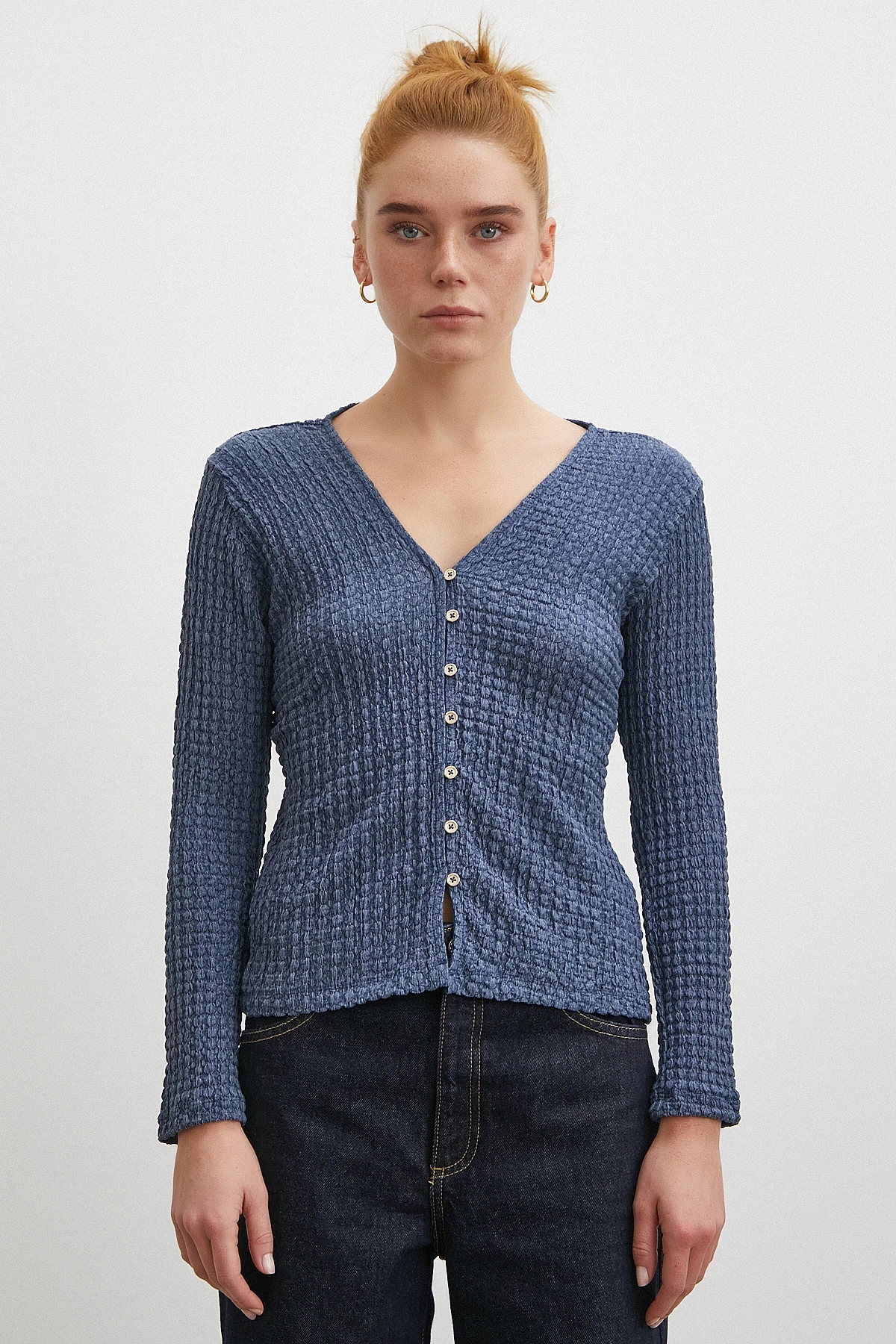 V Yaka Düğmeli Kazak Lacivert