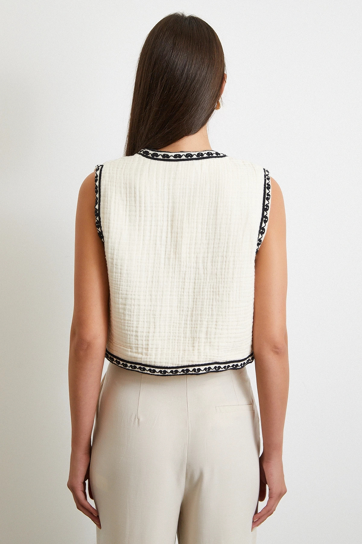 Nakış Oversize Yelek Krem