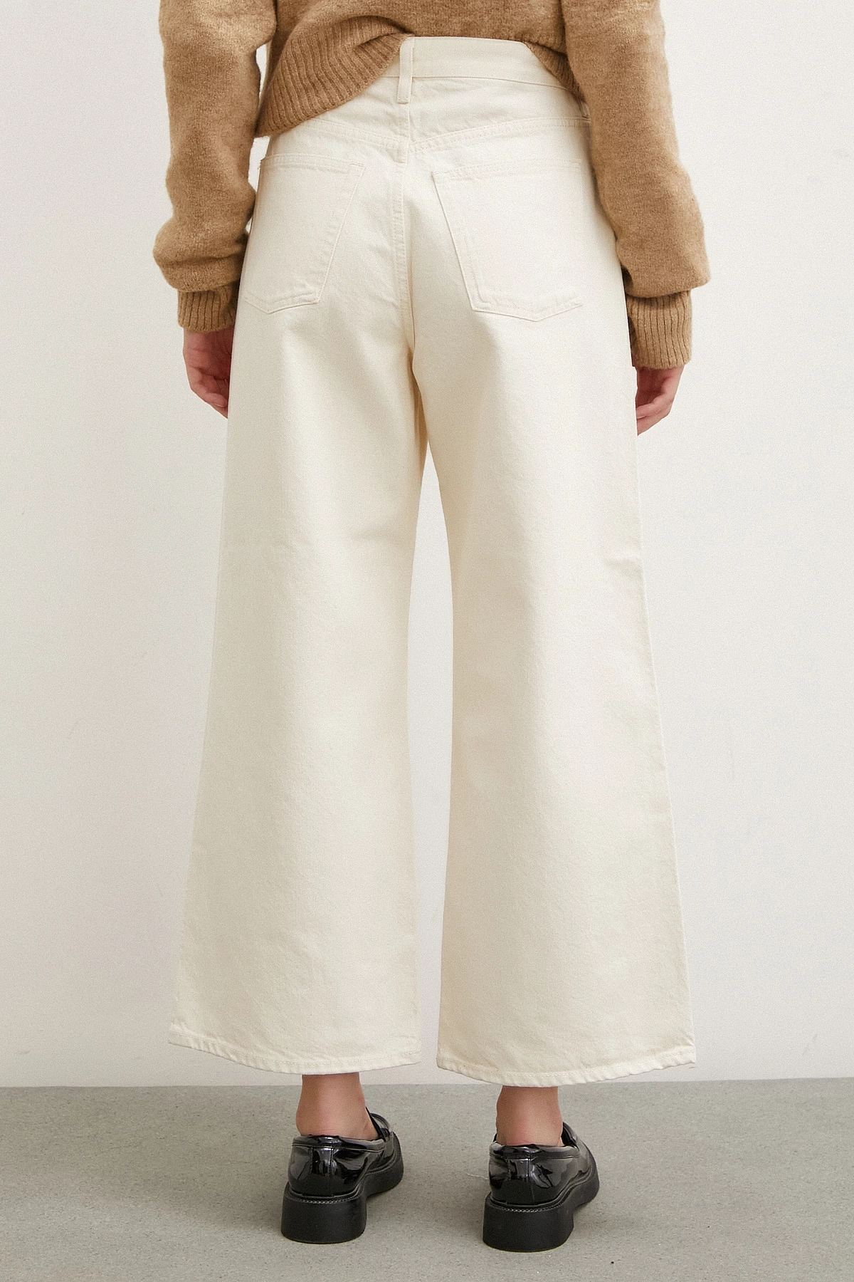 Yüksek Bel Geniş Paça Mom Jean Ekru