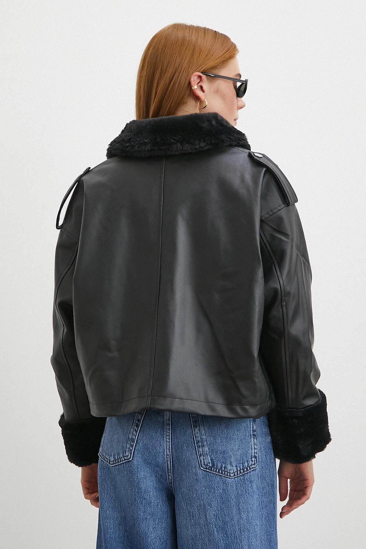 Kürk Detaylı Cepli Deri Mont Siyah