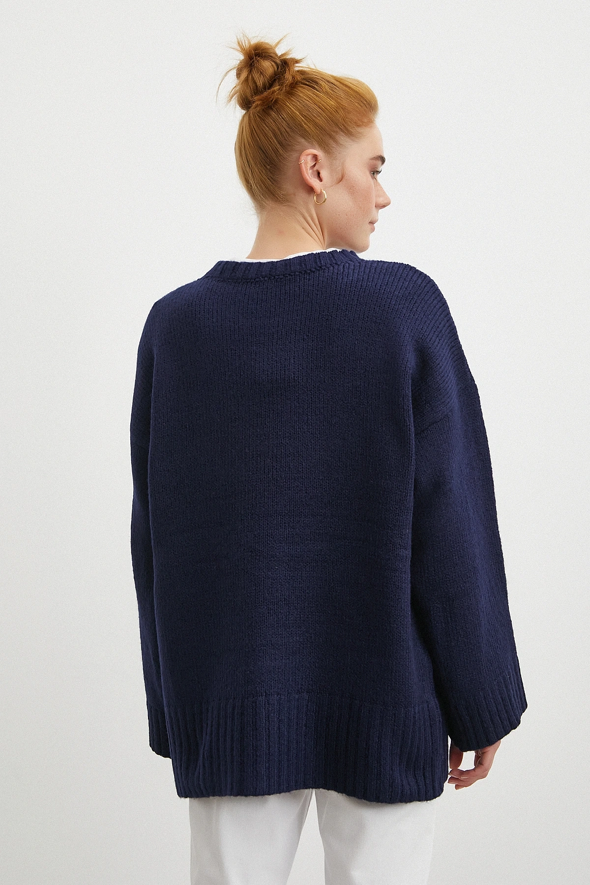 Bisiklet Yaka Fitilli Triko Kazak Lacivert