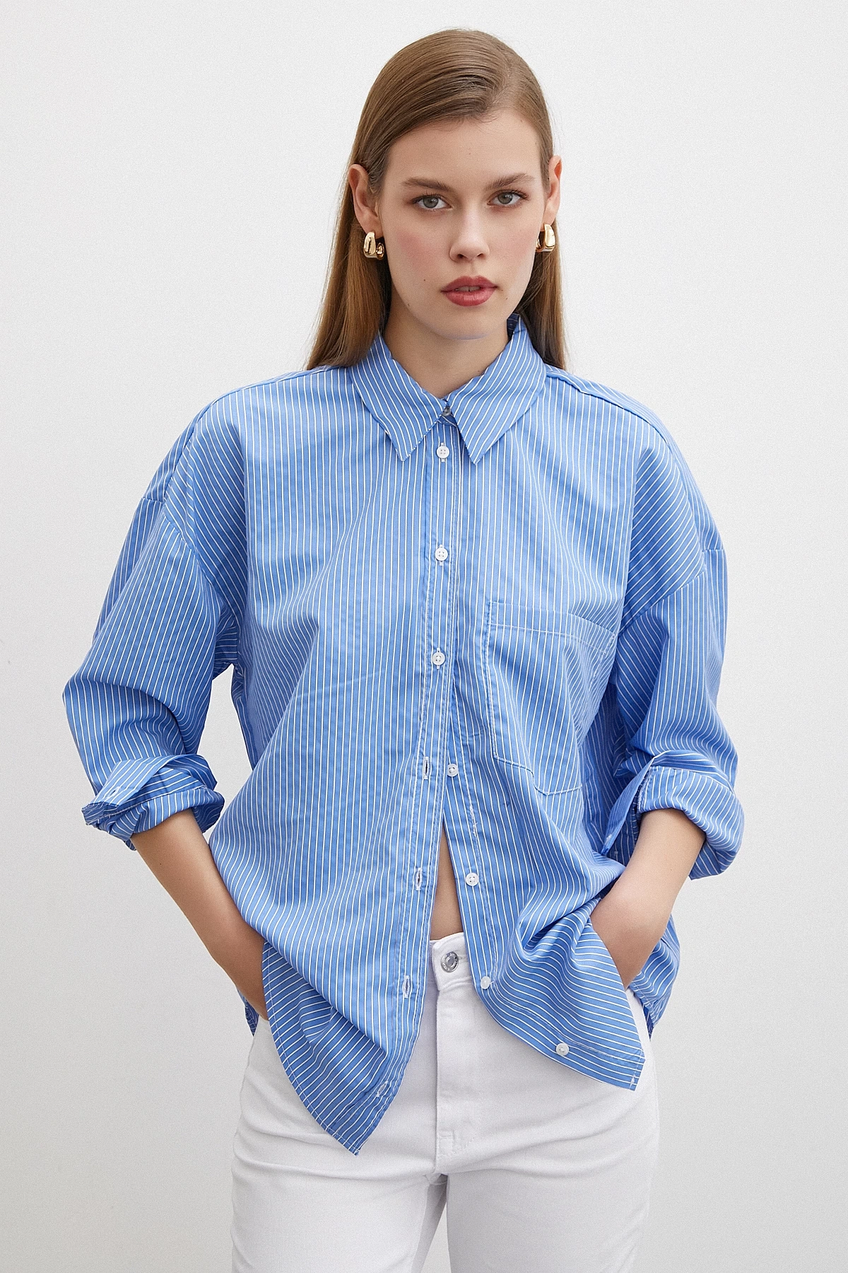 İnce Çizgili Gömlek Mavi