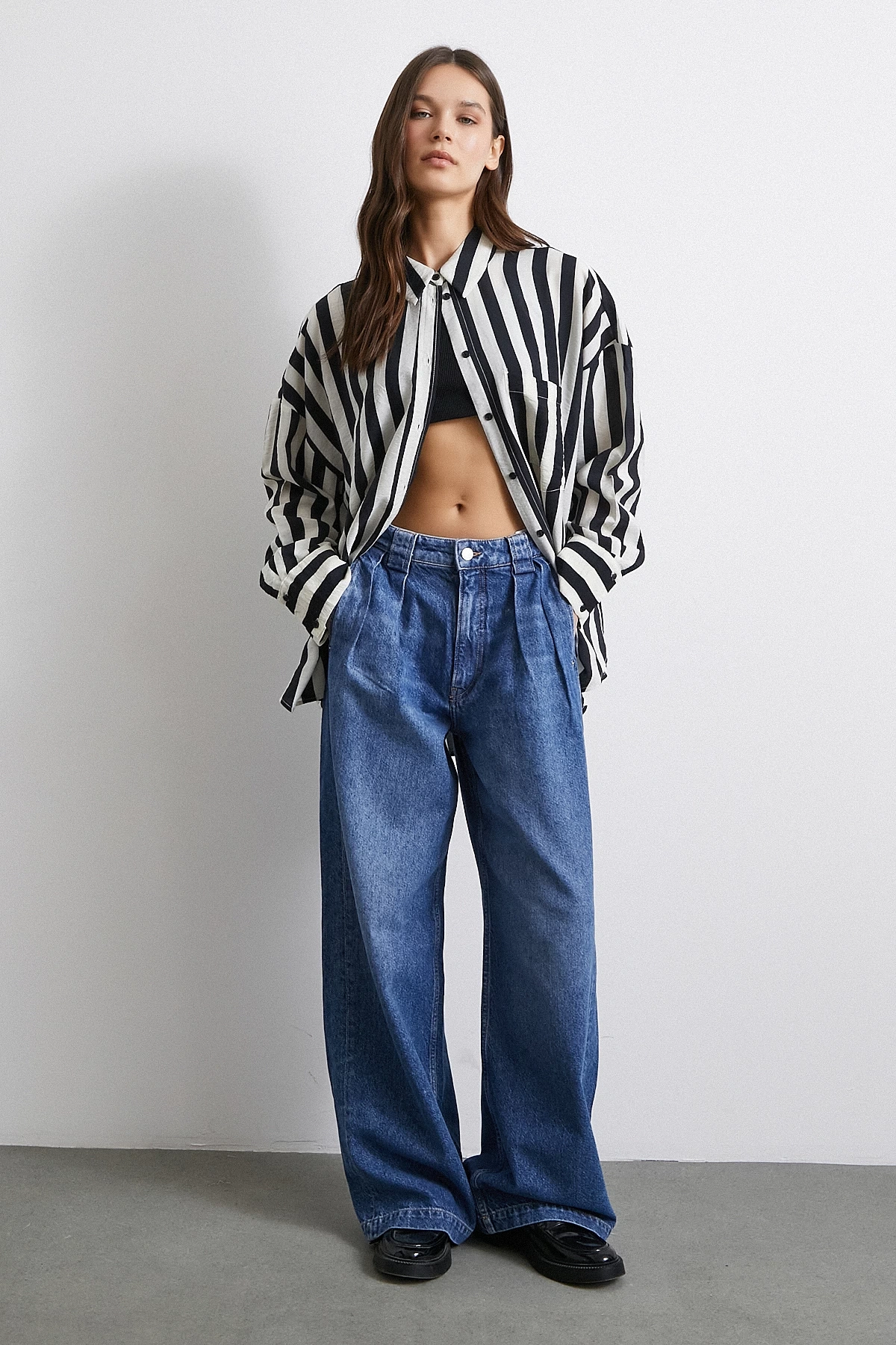 Yüksek Bel Pileli Geniş Paça Jean Mavi