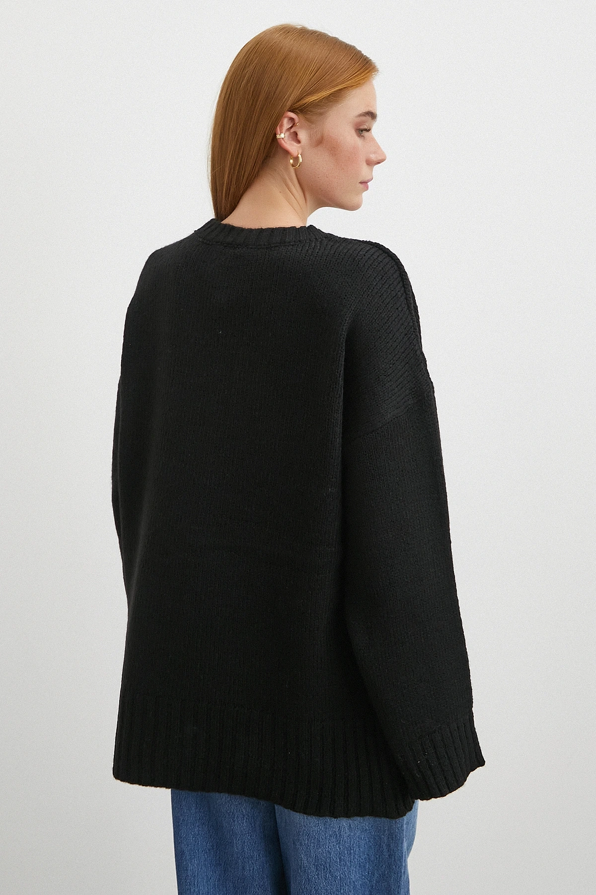 Bisiklet Yaka Fitilli Triko Kazak Siyah