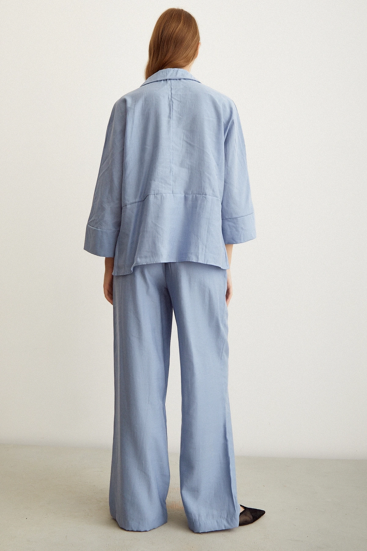 Yarasa Kol Keten Gömlek Mavi