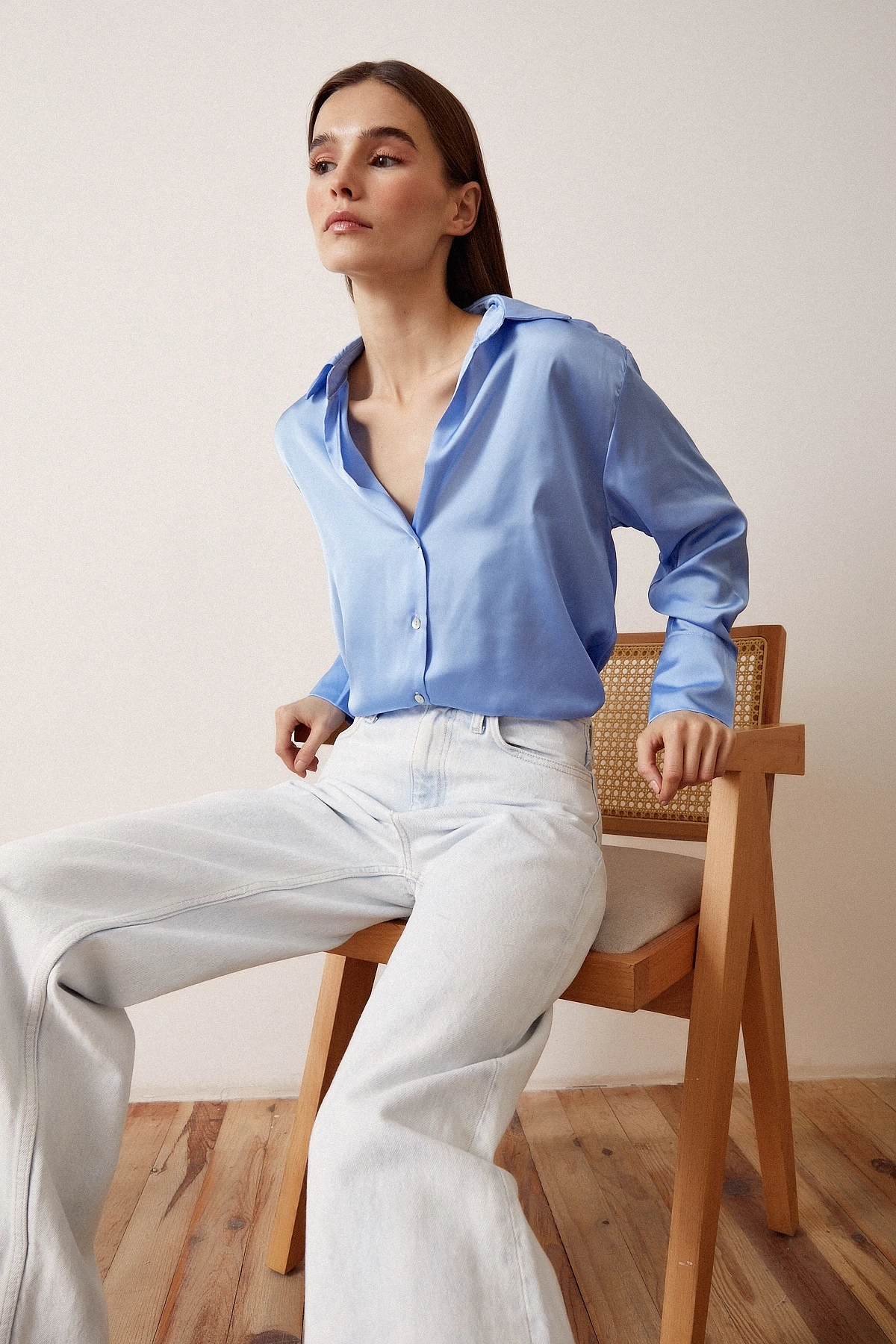 Basic Saten Gömlek Açık Mavi