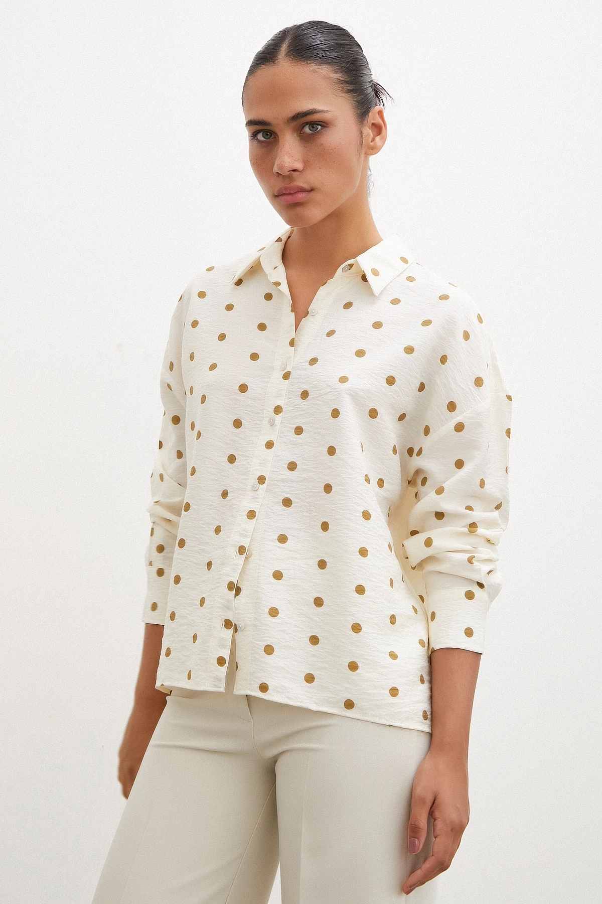 Puantiyeli Oversize Gömlek Kahve