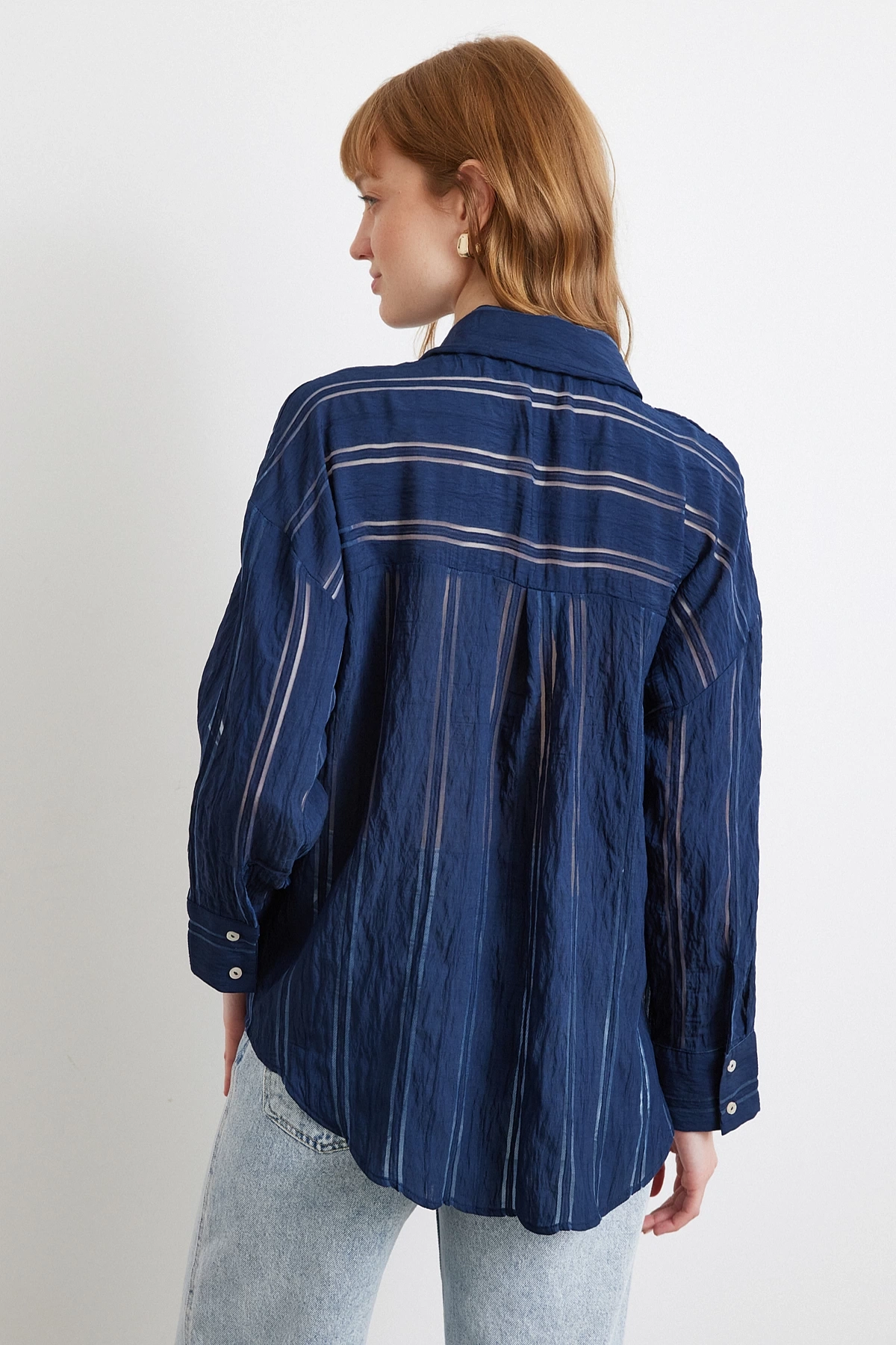 Organze Çizgili Gömlek Lacivert