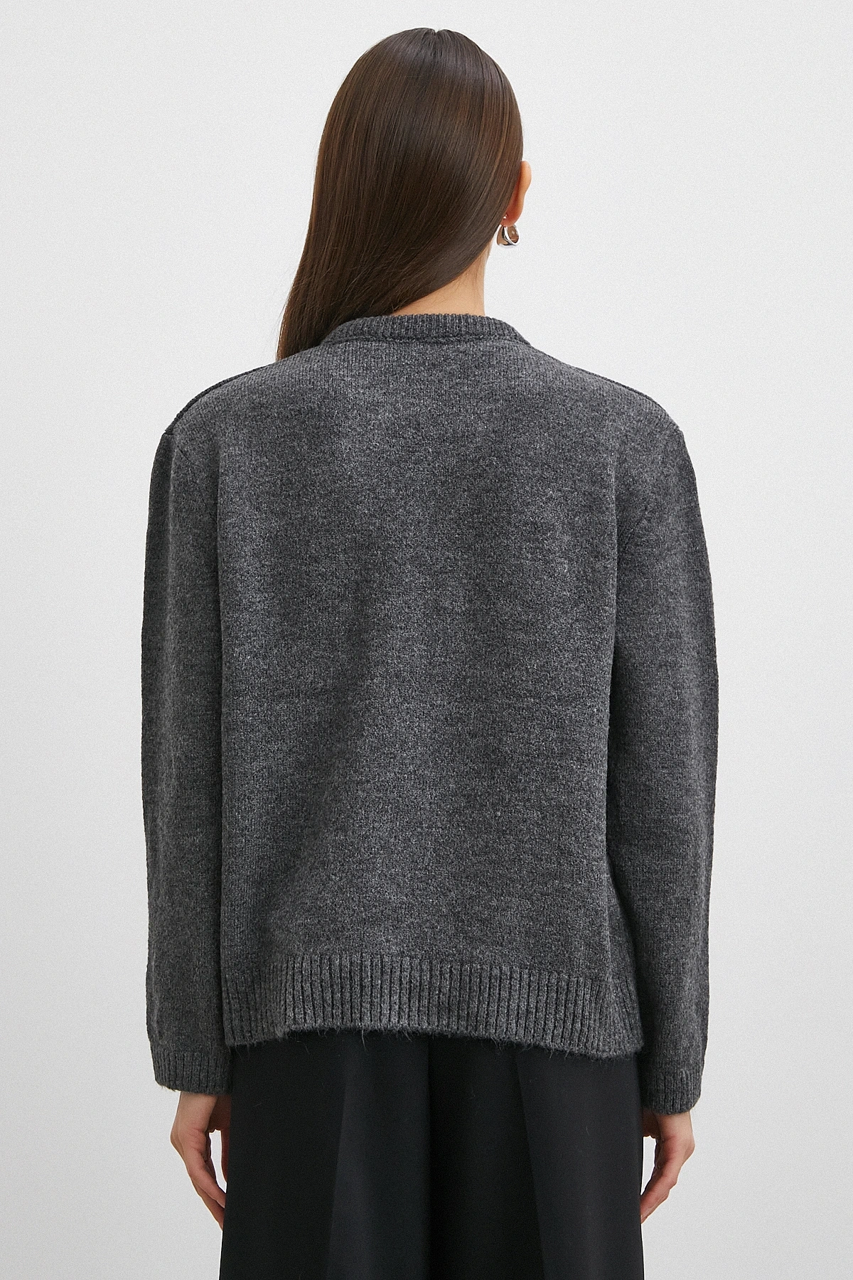 Fularlı Uzun Kollu Kazak Gri