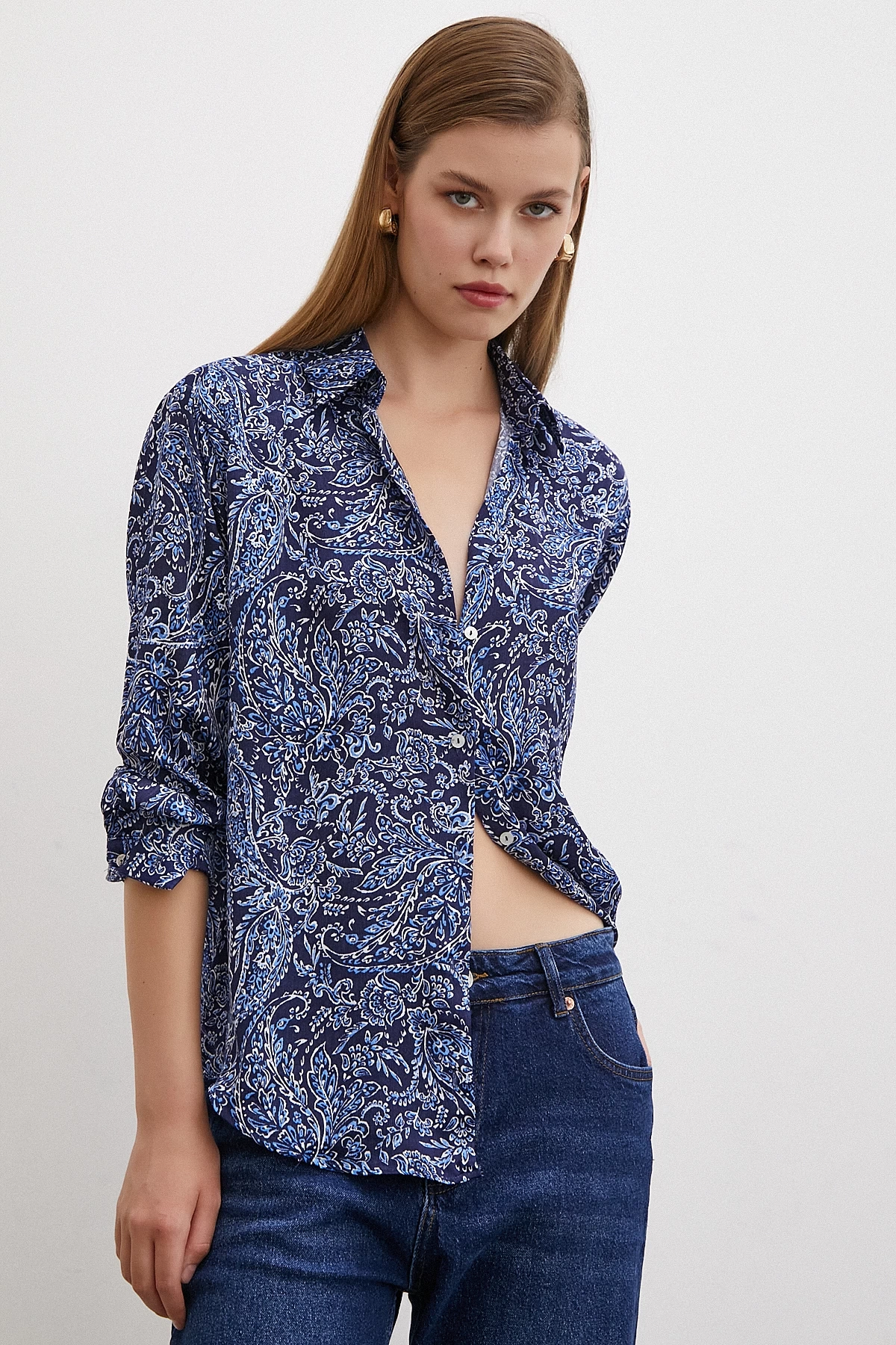 Şal Desenli Saten Gömlek Lacivert