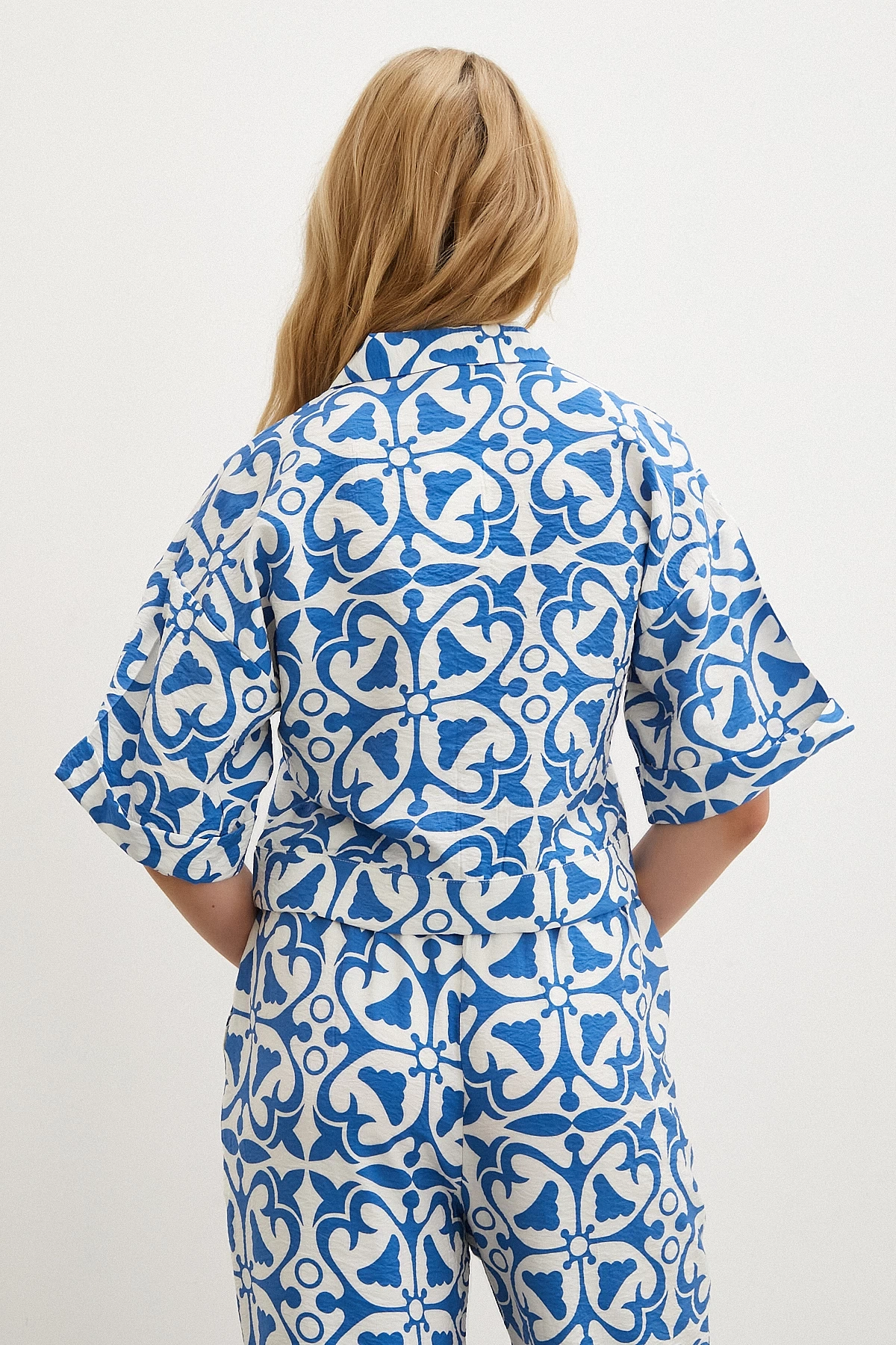 Kısa Kollu Crop Gömlek Mavi