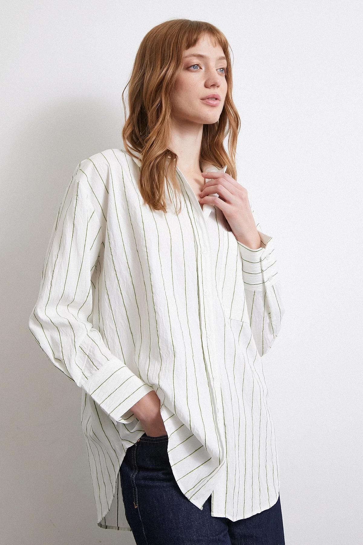 Çizgili Cepli Gömlek Haki