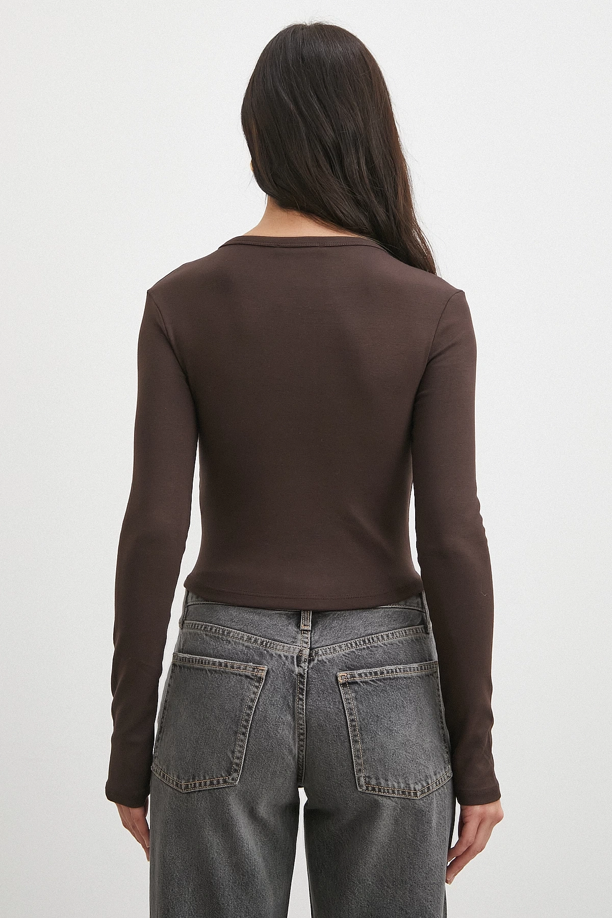 Düğmeli Uzun Kol Bluz Kahve