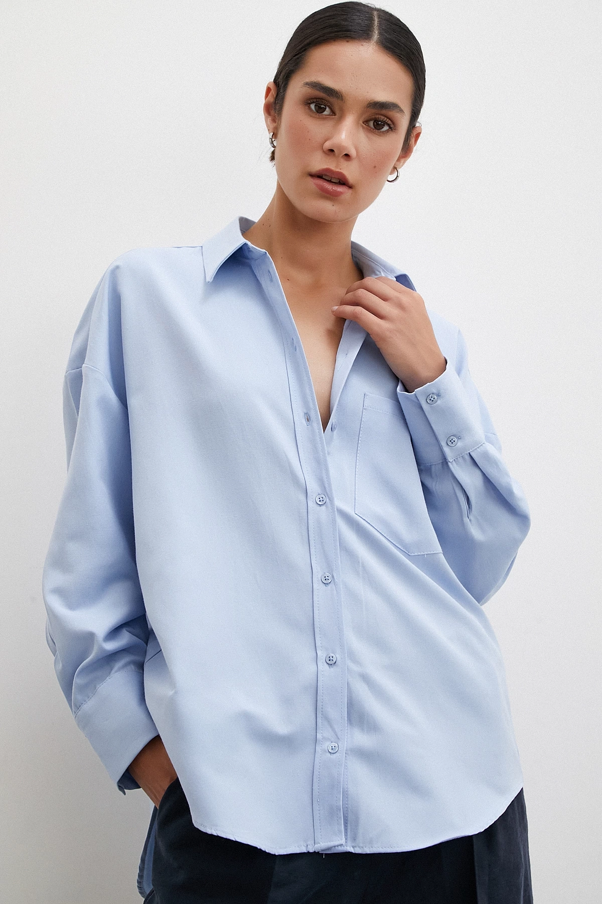 Puantiyeli Oversize Gömlek Mavi