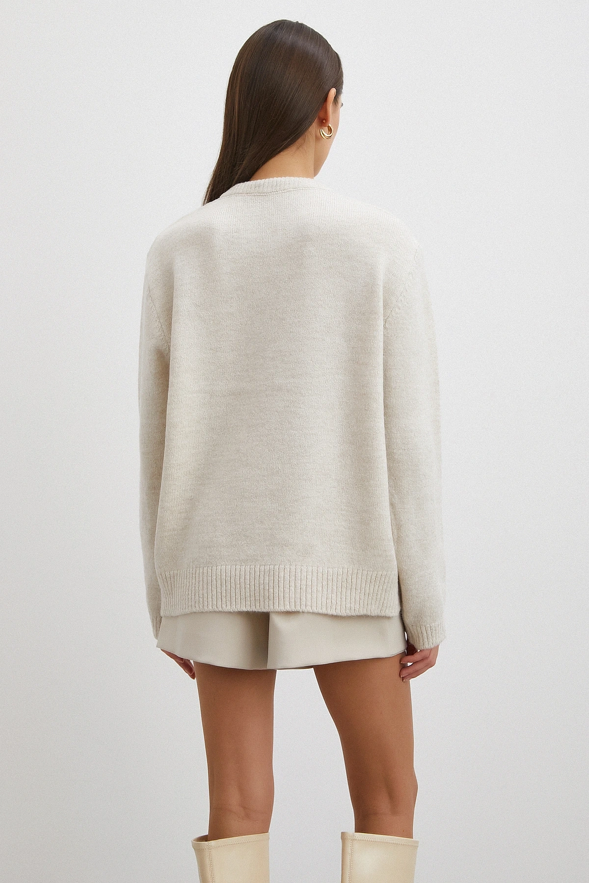 Fularlı Uzun Kollu Kazak Ekru