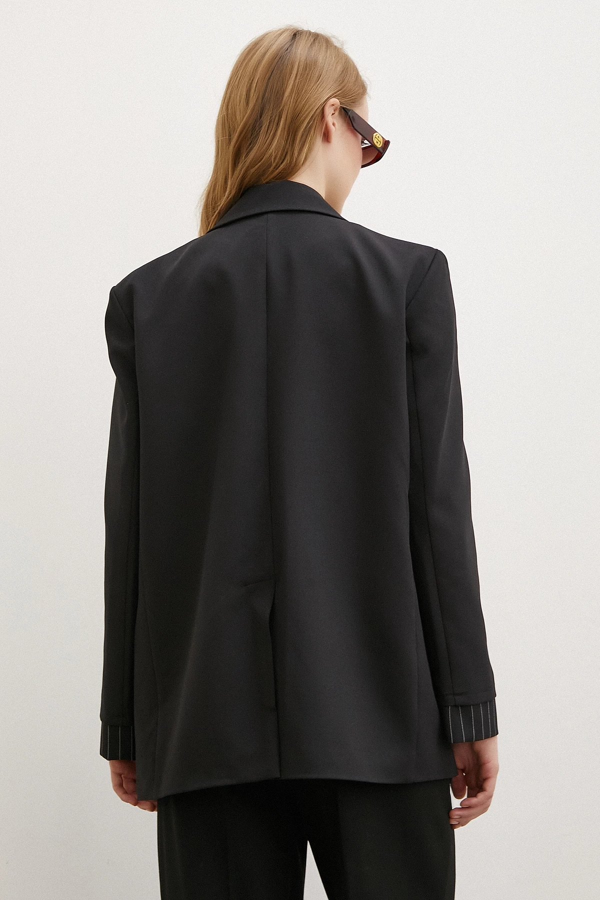 Çizgi Detaylı Çift Düğmeli Blazer Ceket Siyah