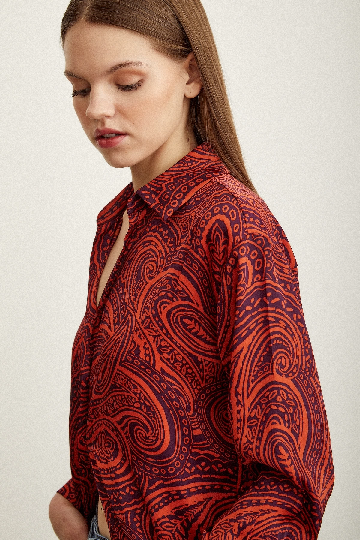 Desenli Saten Gömlek Turuncu