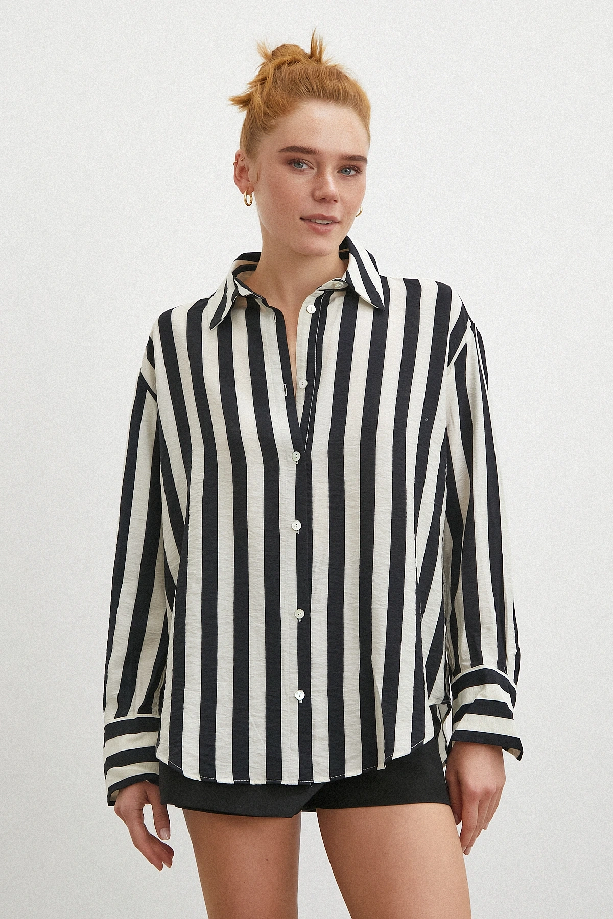 Çizgili Uzun Kollu Gömlek Siyah