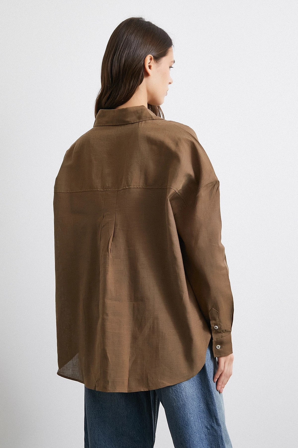 Cepli Oversize Keten  Gömlek Kahve