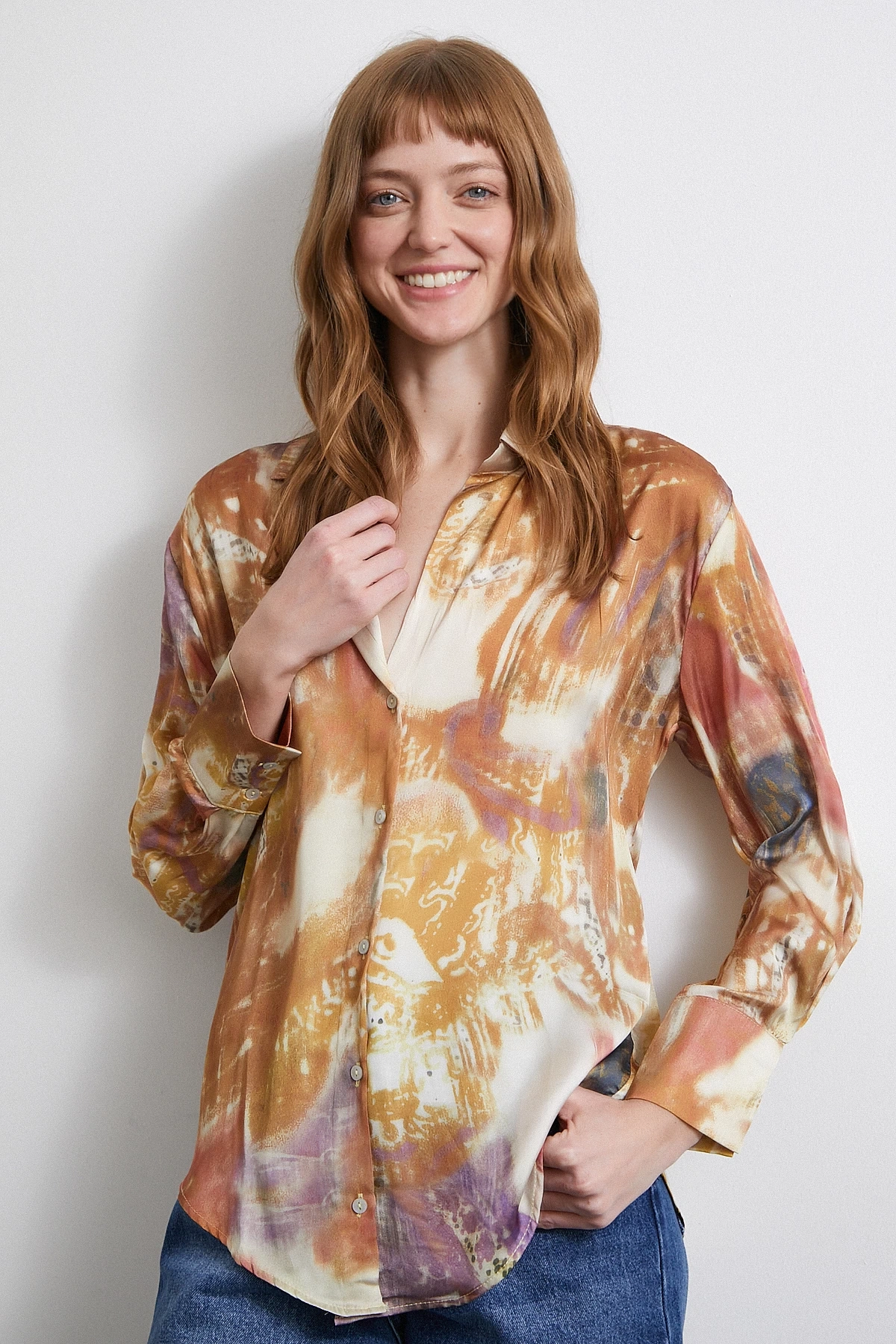 Desenli Saten Gömlek Lila