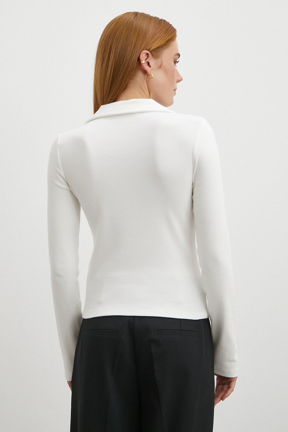 Yakalı Çift Fermuarlı Bluz Beyaz