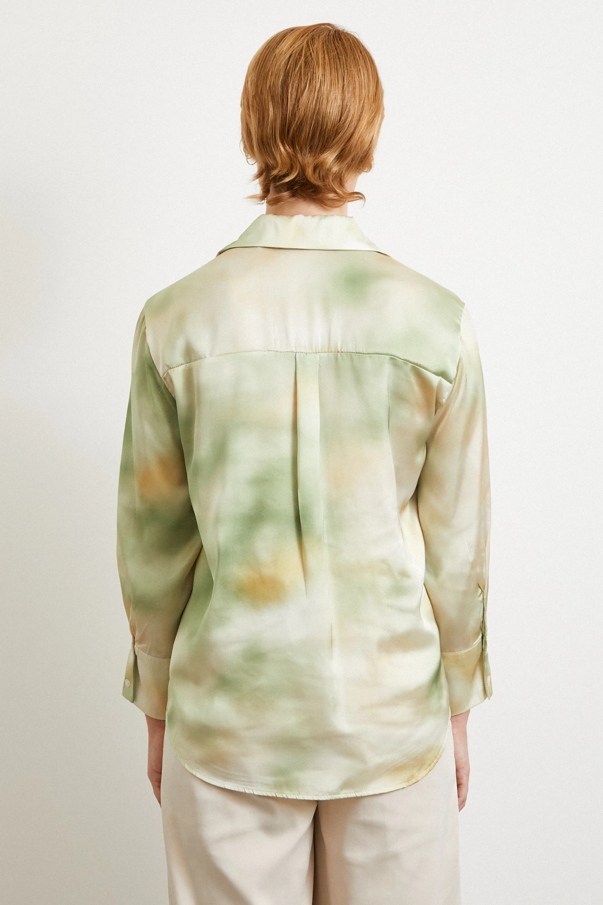 Ebruli Desen Saten GömleK Yeşil