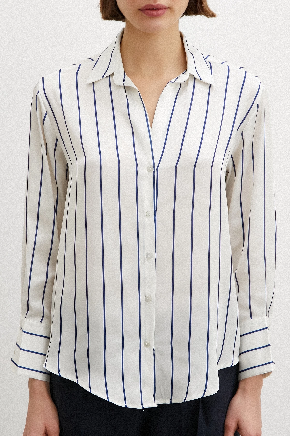 İnce Çizğili Şifon Gömlek Ekru