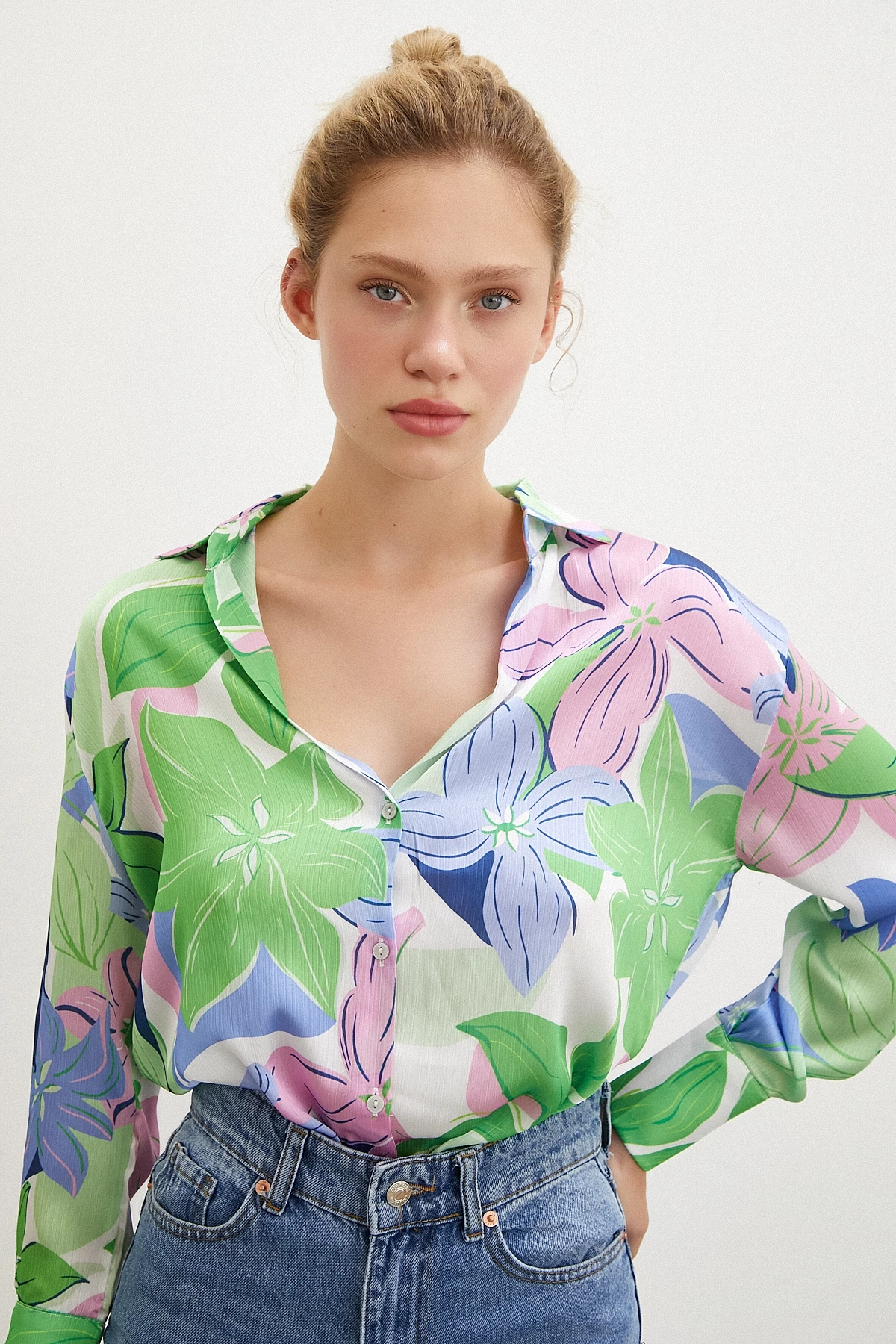 Çiçek Desen Saten Gömlek Yeşil