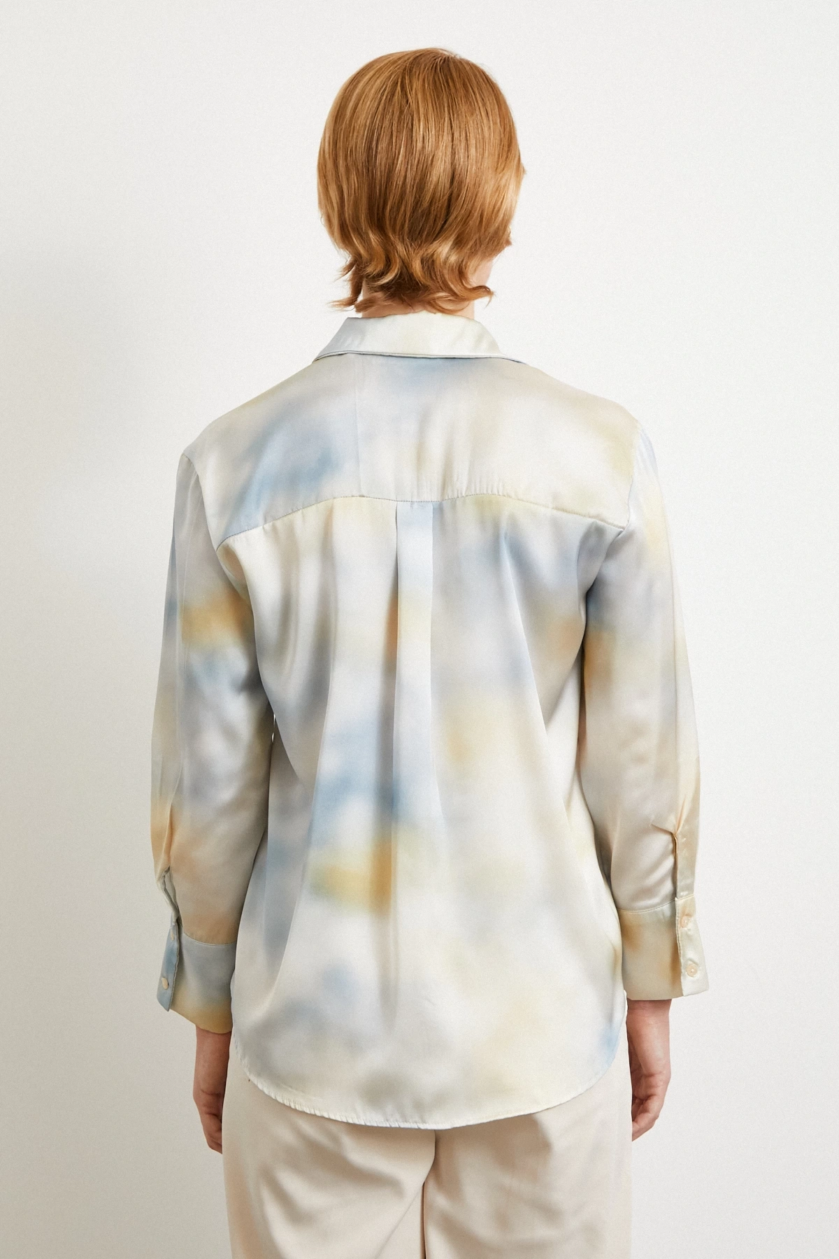 Ebruli Desen Saten GömleK Buz Mavisi