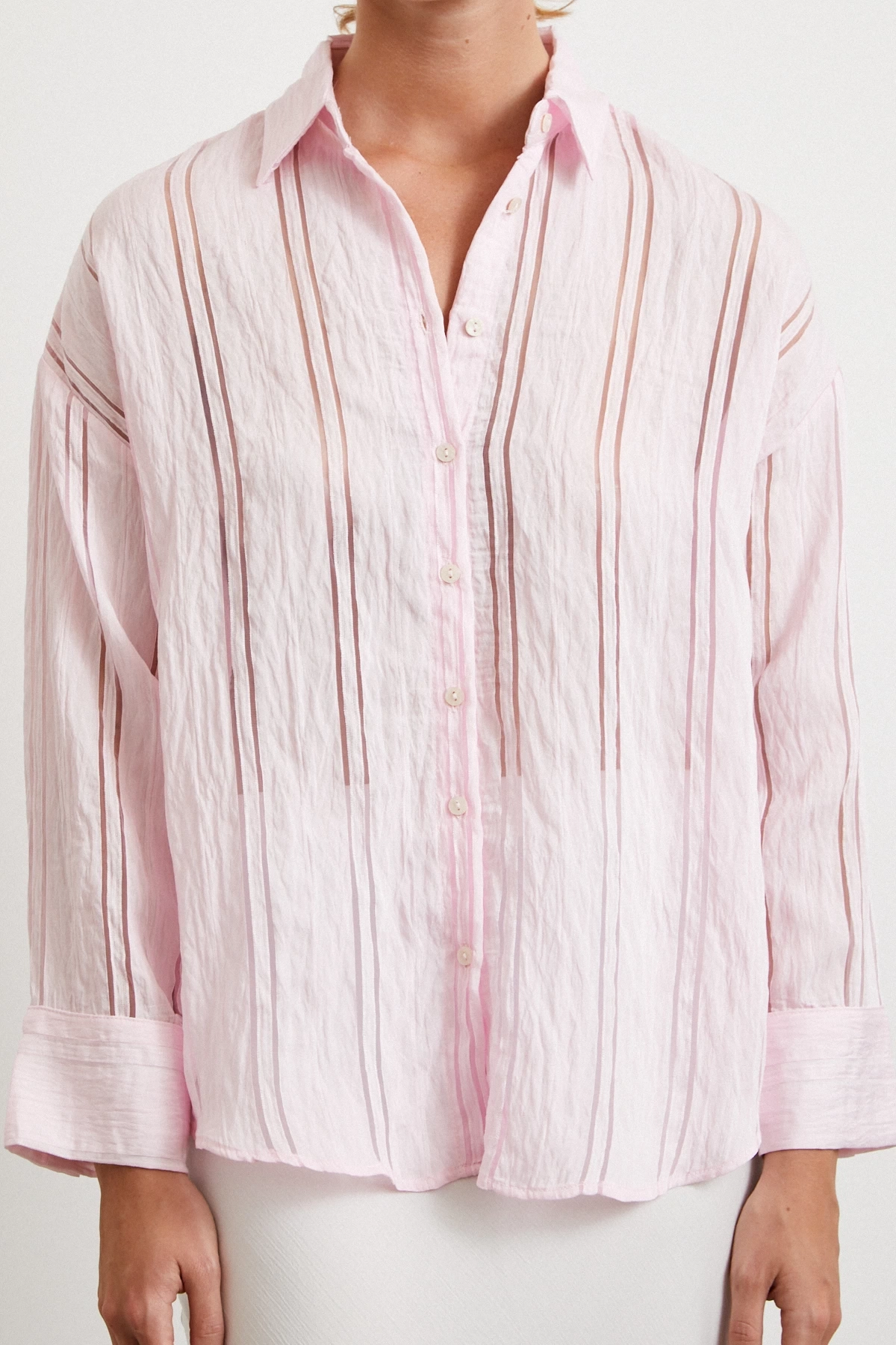 Organze Çizgili Gömlek Pembe