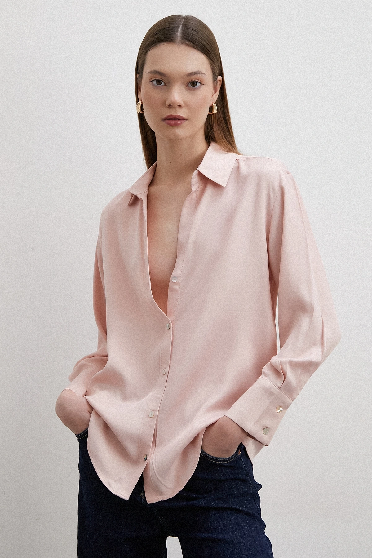 Floş Basic Saten Gömlek Bej