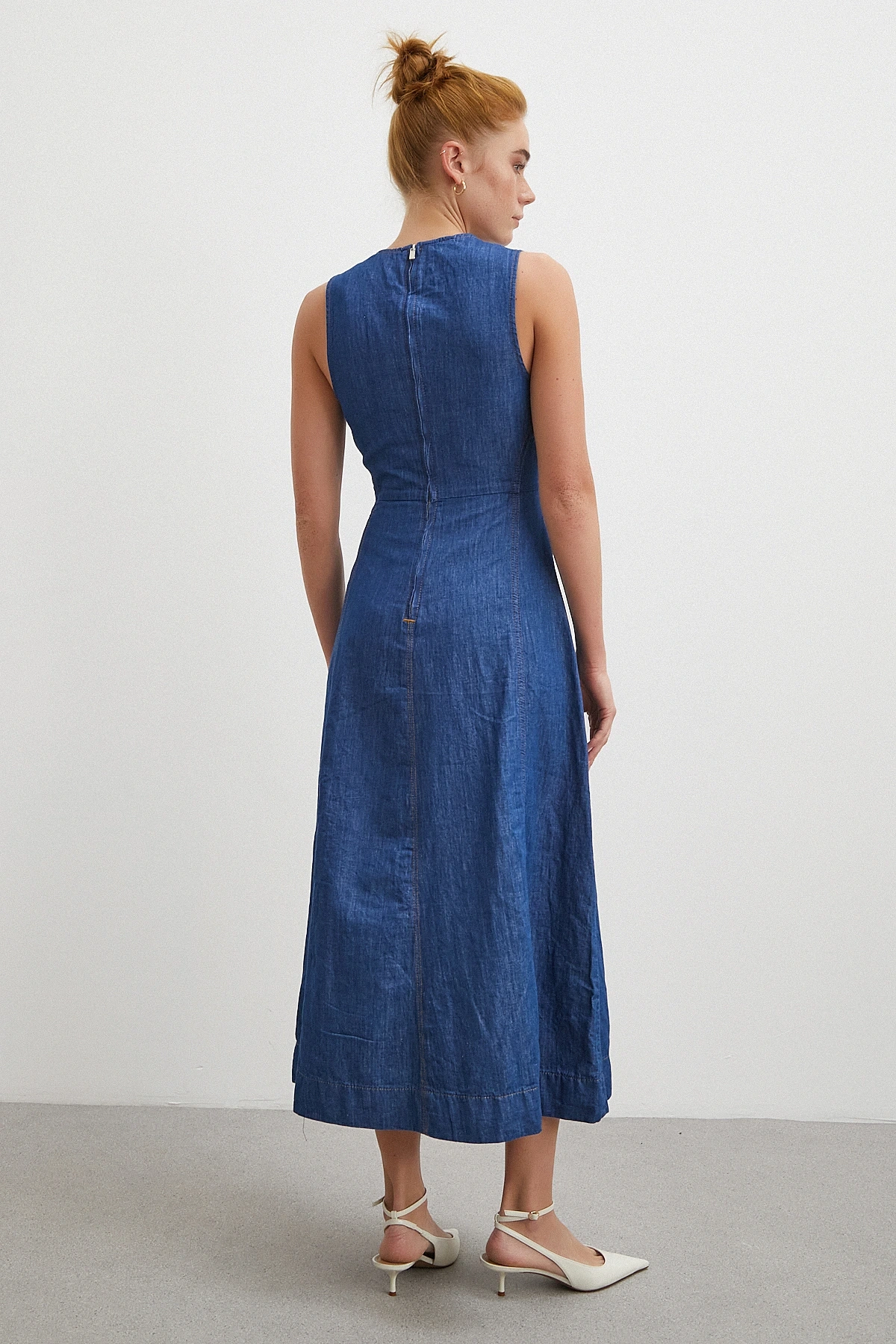 Bisiklet Yaka Kolsuz Premium Uzun Kot Elbise Lacivert