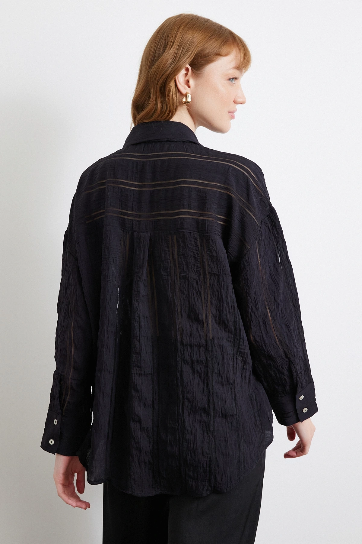 Organze Çizgili Gömlek Siyah