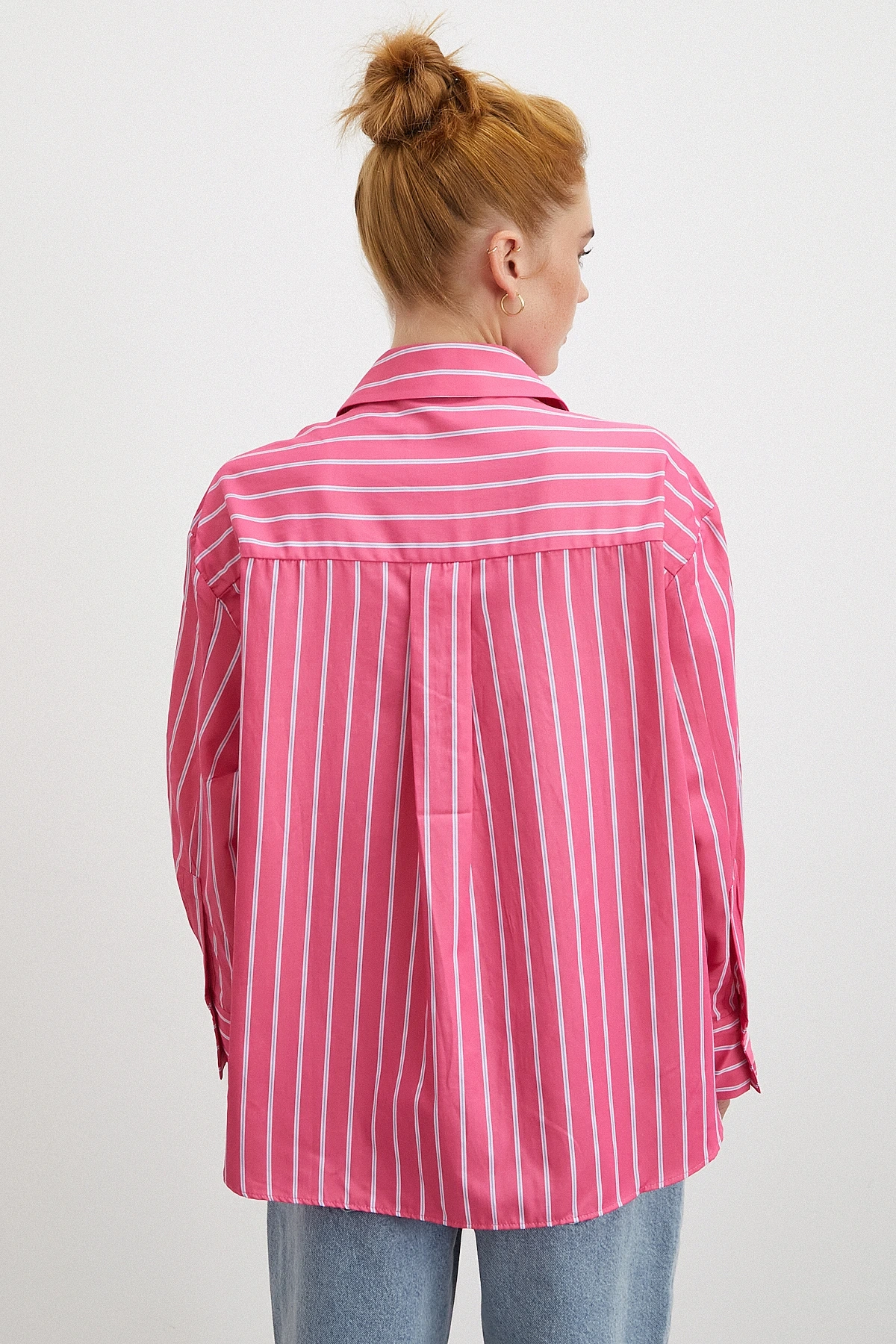 Çizgili Poplin Gömlek Pembe