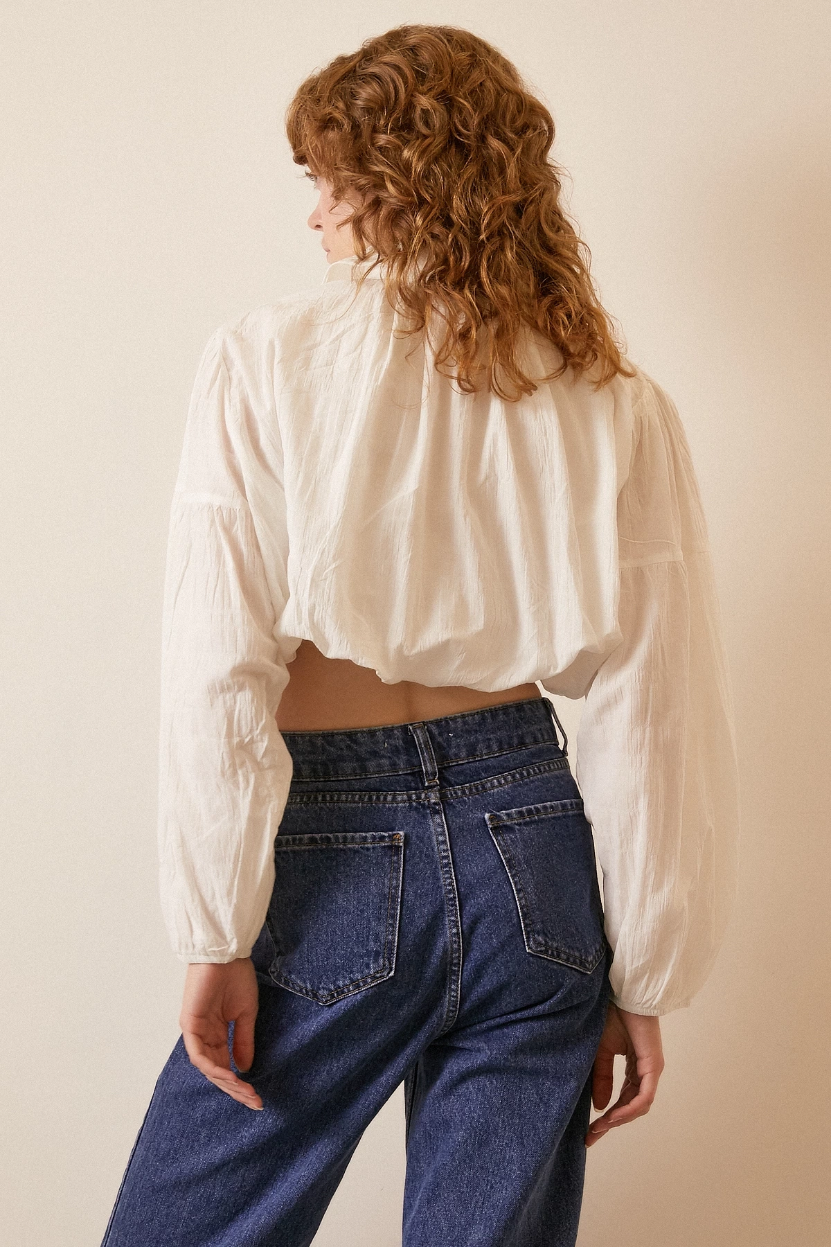 Balon Crop Gömlek Beyaz