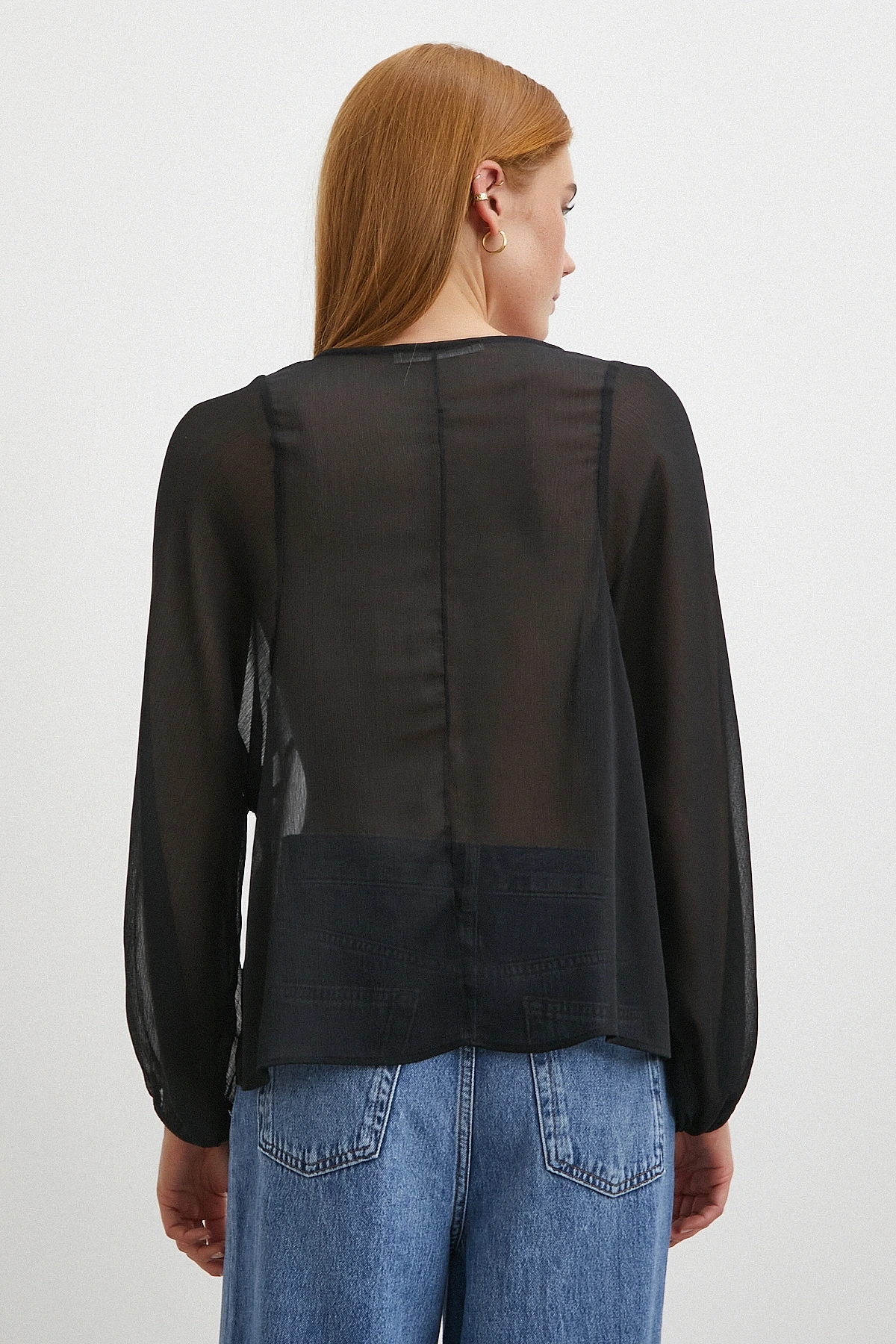 V Yaka Dantelli Transparan Bluz Siyah