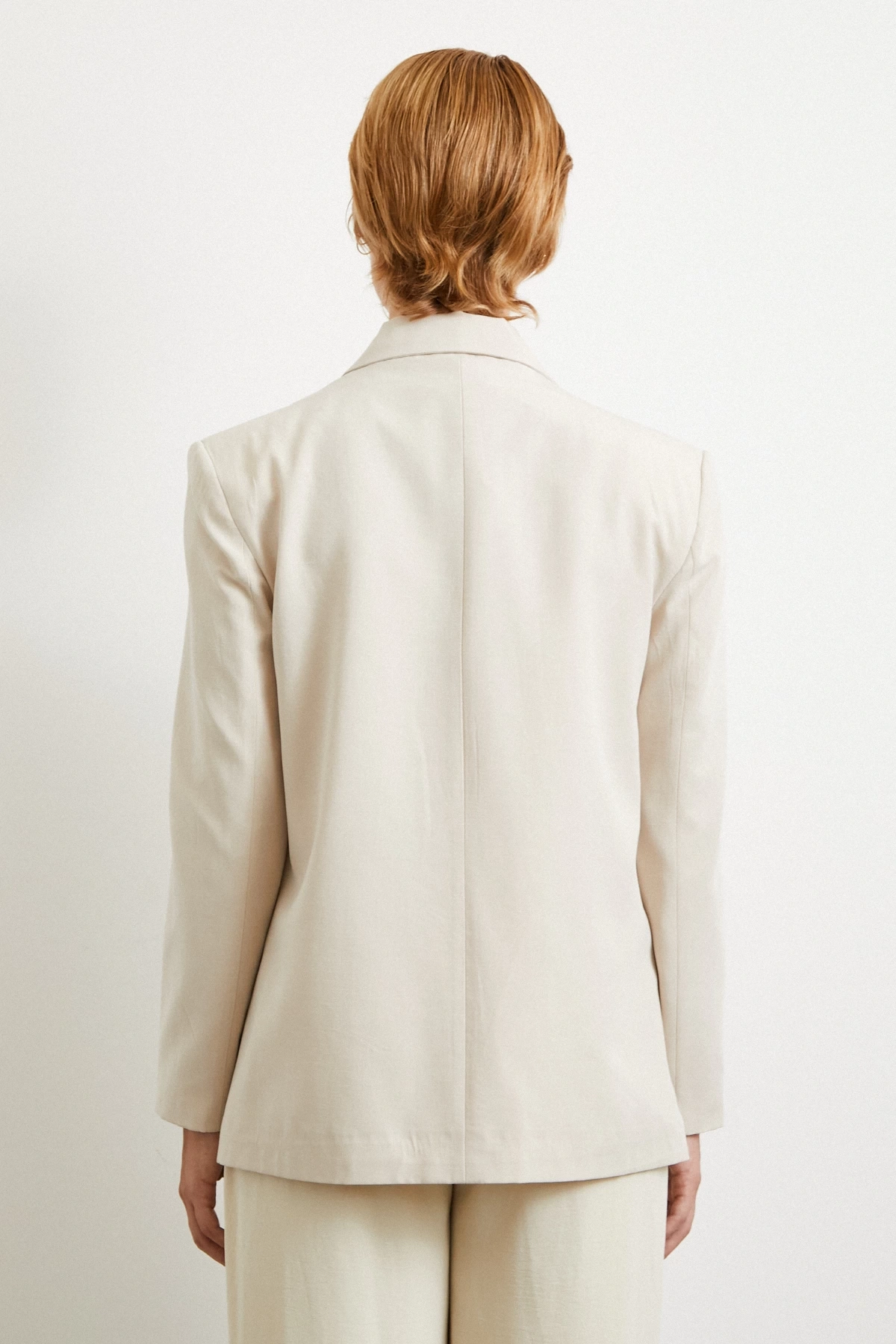 Çift Düğmeli Keten Blazer Ceket Krem