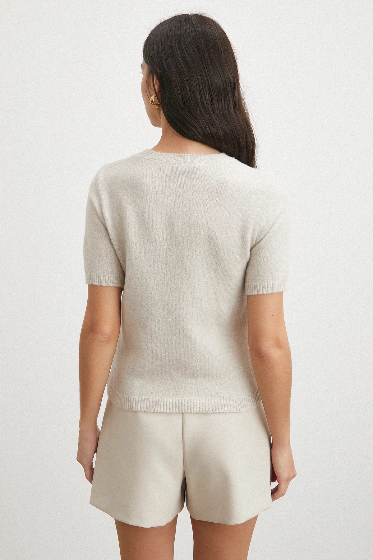 Simli Kısa Kol Kazak Bej