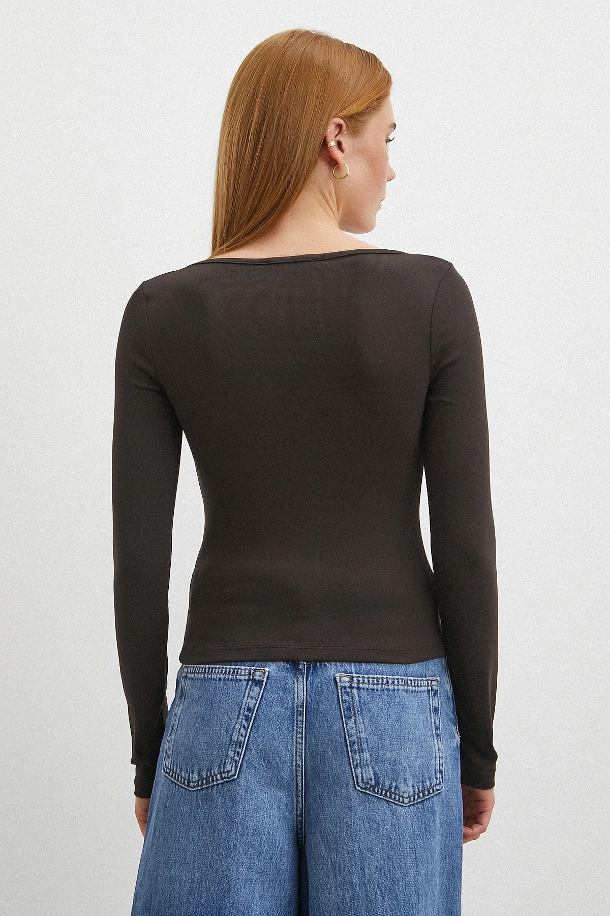 Uzun Kol Kare Yaka Bluz Kahve