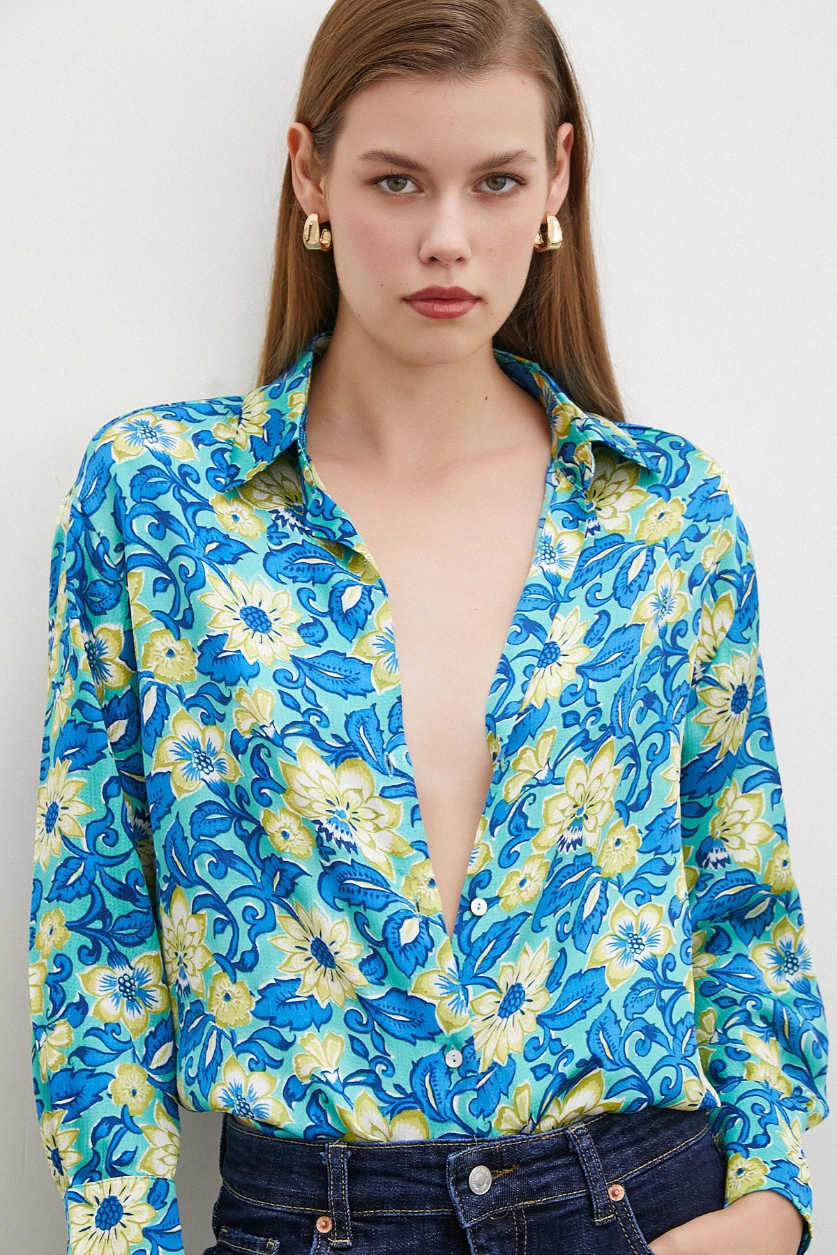 Lotus Desenli Gömlek Mavi