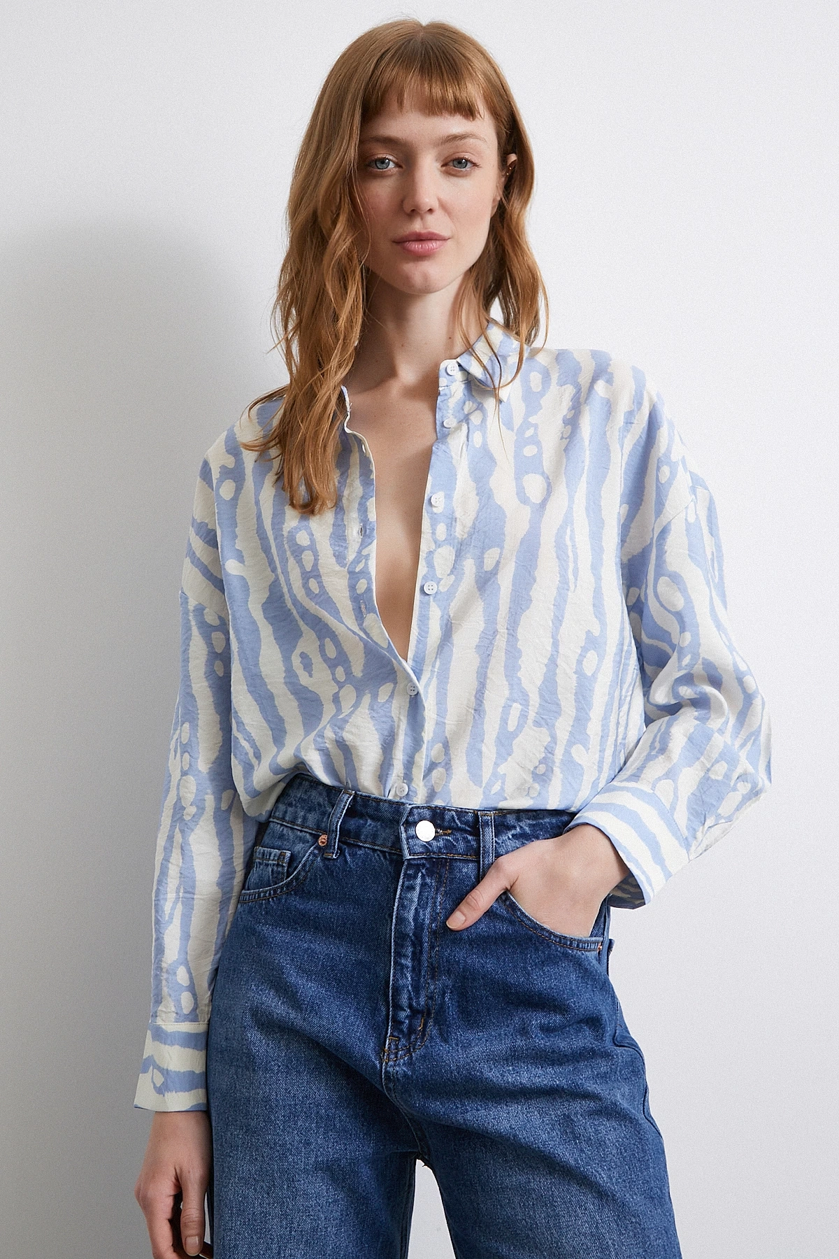 Zebra Desen Modal Gömlek Mavi