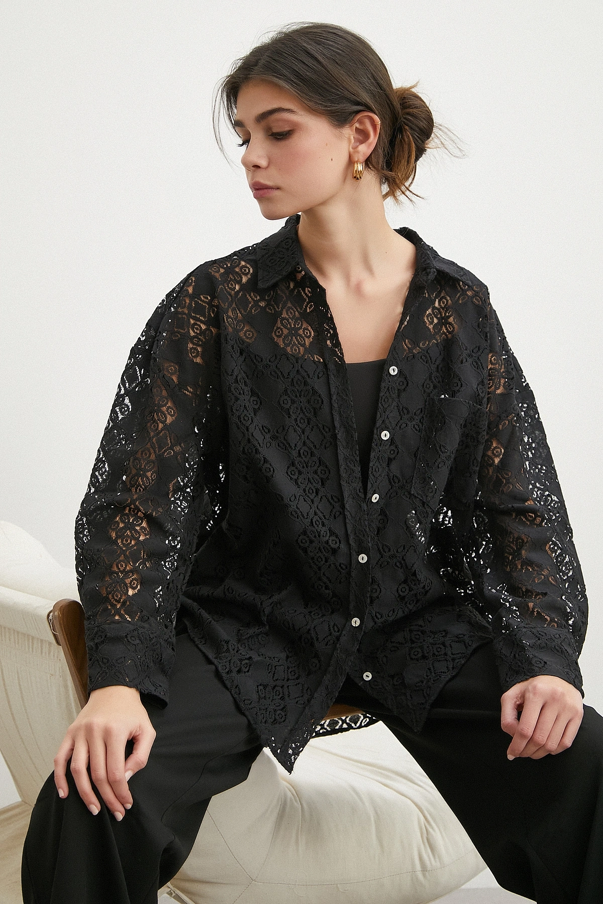 Cepli Dantel Gömlek Siyah