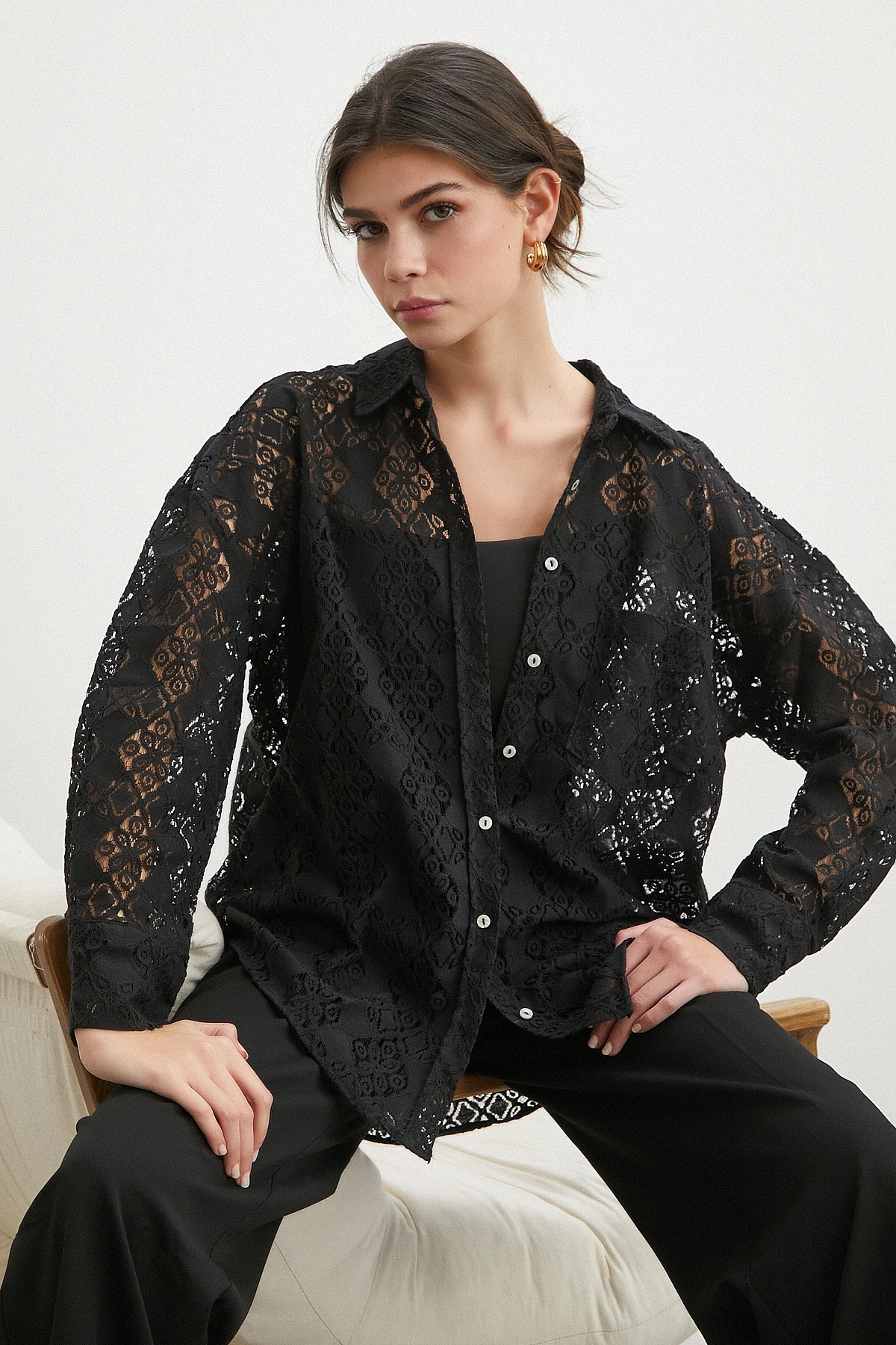 Cepli Dantel Gömlek Siyah