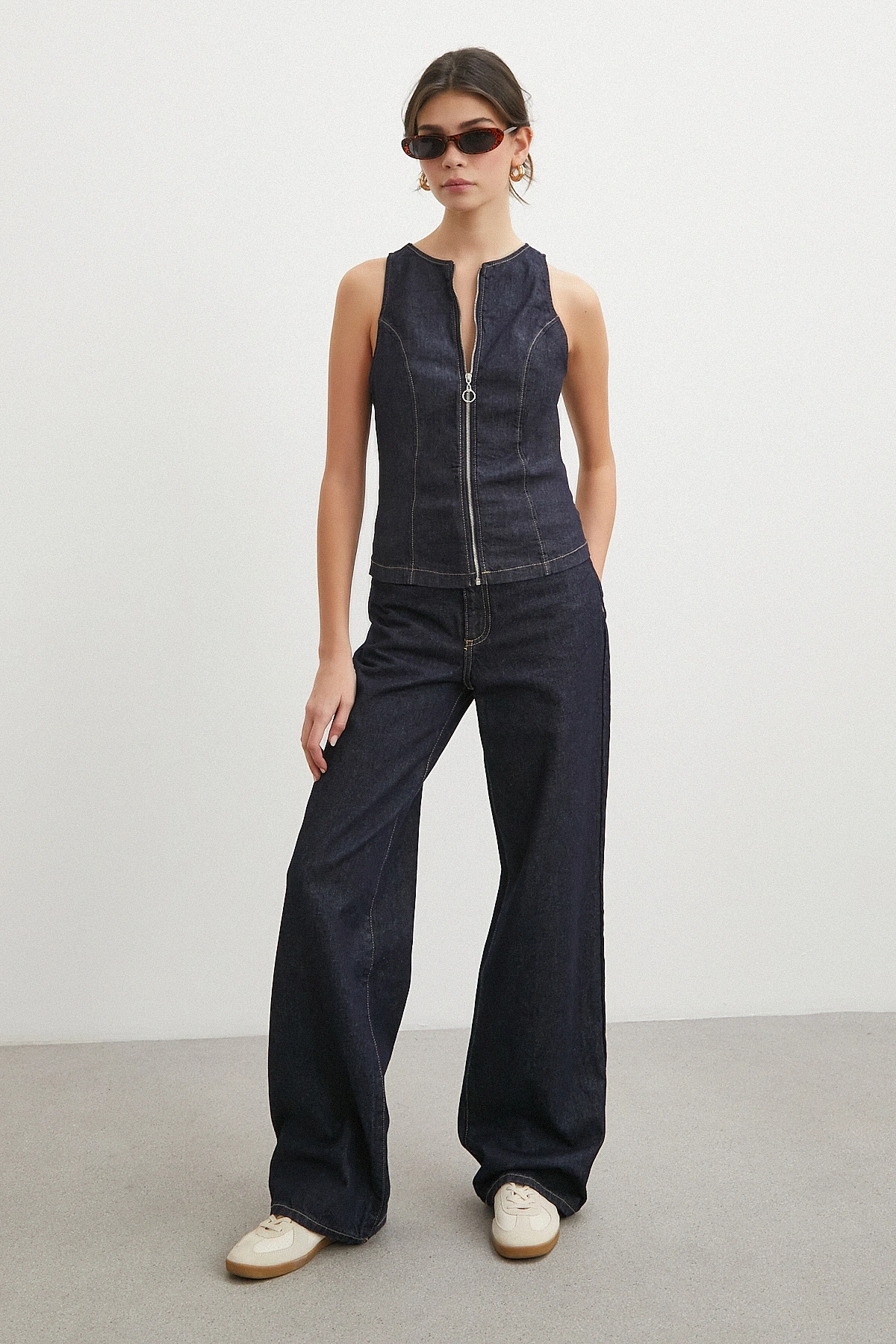 Fermuarlı Kot Yelek Lacivert