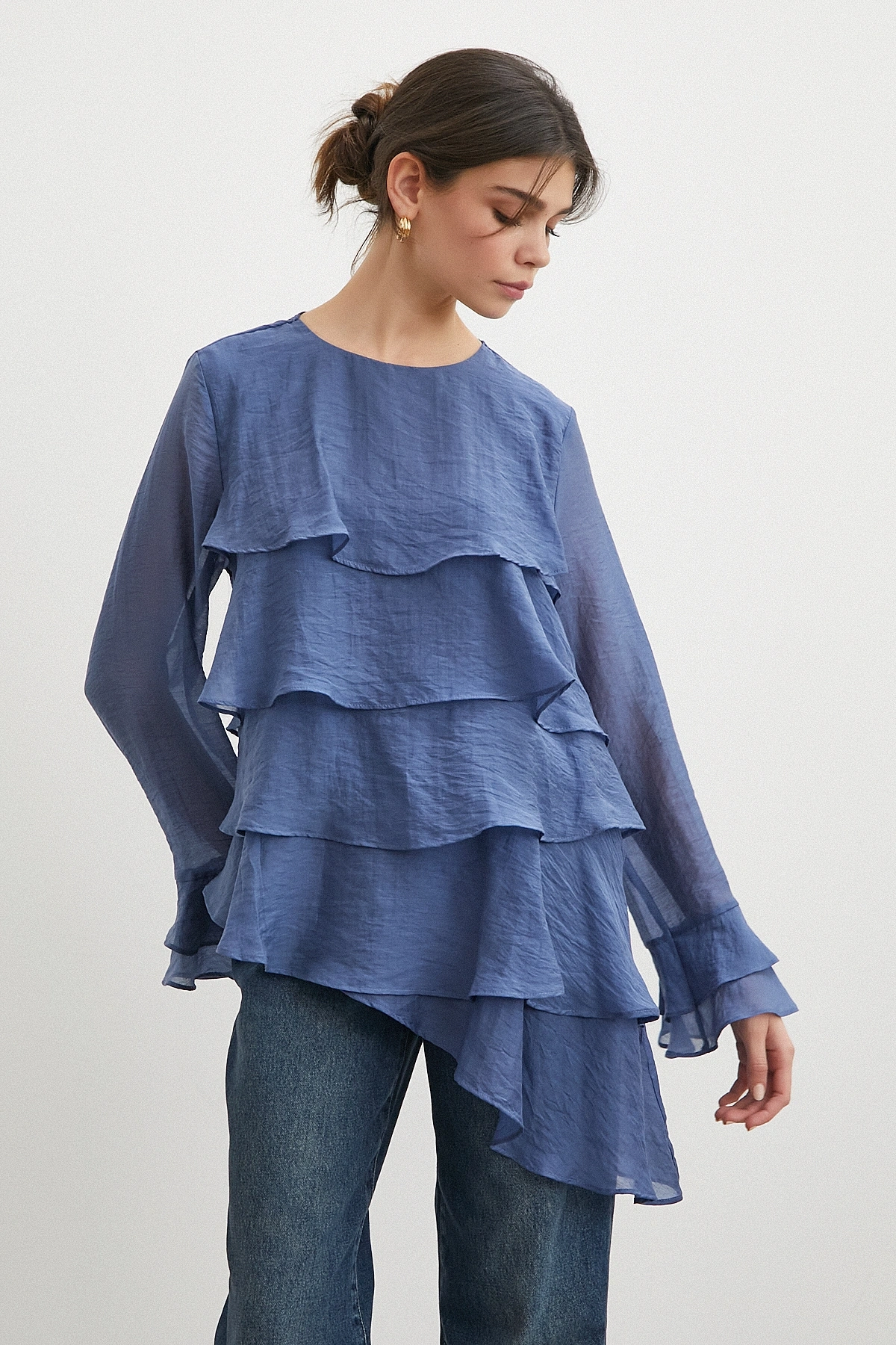 Kol Detaylı Katlı Uzun Kol Bluz Lacivert