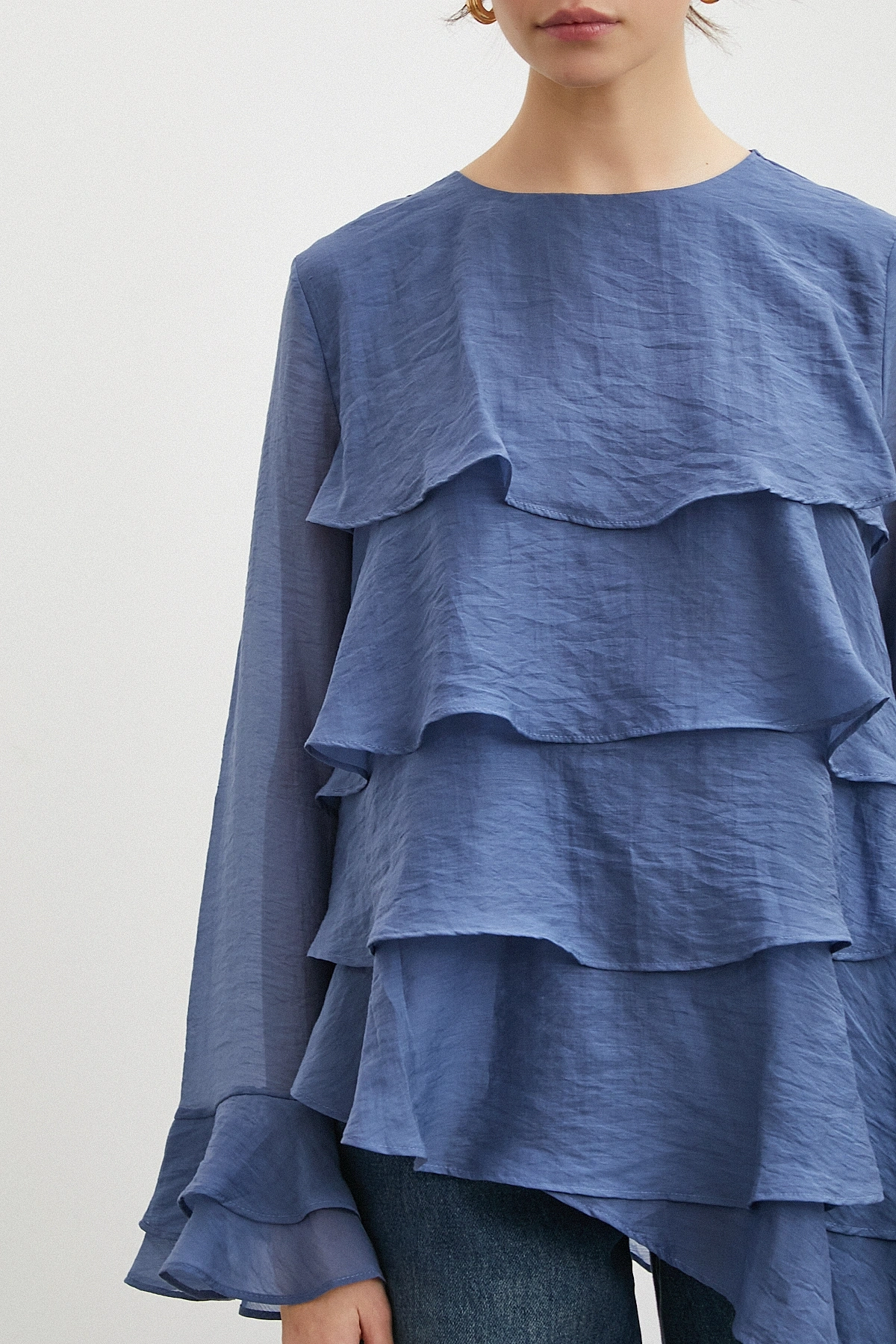 Kol Detaylı Katlı Uzun Kol Bluz Lacivert